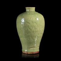 A Chinese Carved and Crackled Glazed Longquan Celadon Vase, Meiping, Ming Dynasty, 16th Century — 明晚期 龍泉青釉拱花花卉紋梅瓶