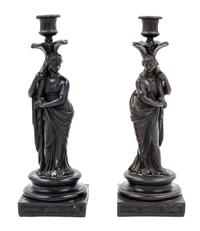 A Matched Pair of Wedgwood Black Basalt Figural Candlesticks Height 11 inches. — 19TH CENTURY