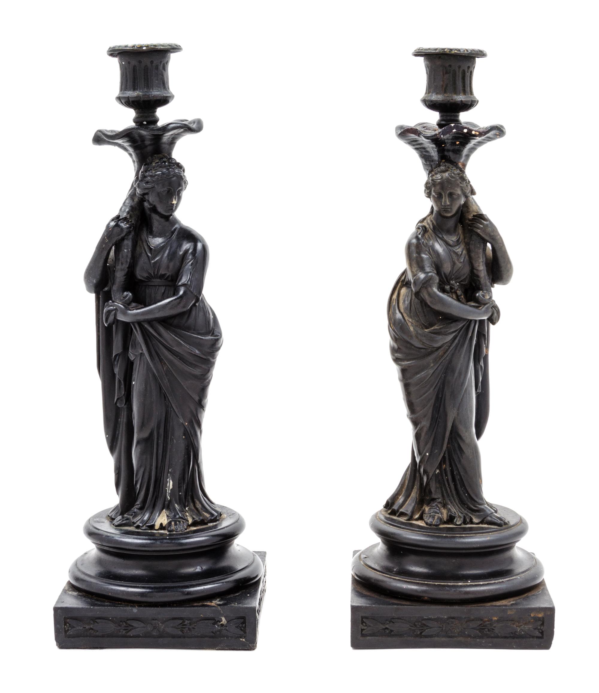 A Matched Pair of Wedgwood Black Basalt Figural Candlesticks Height 11 inches. — 19TH CENTURY