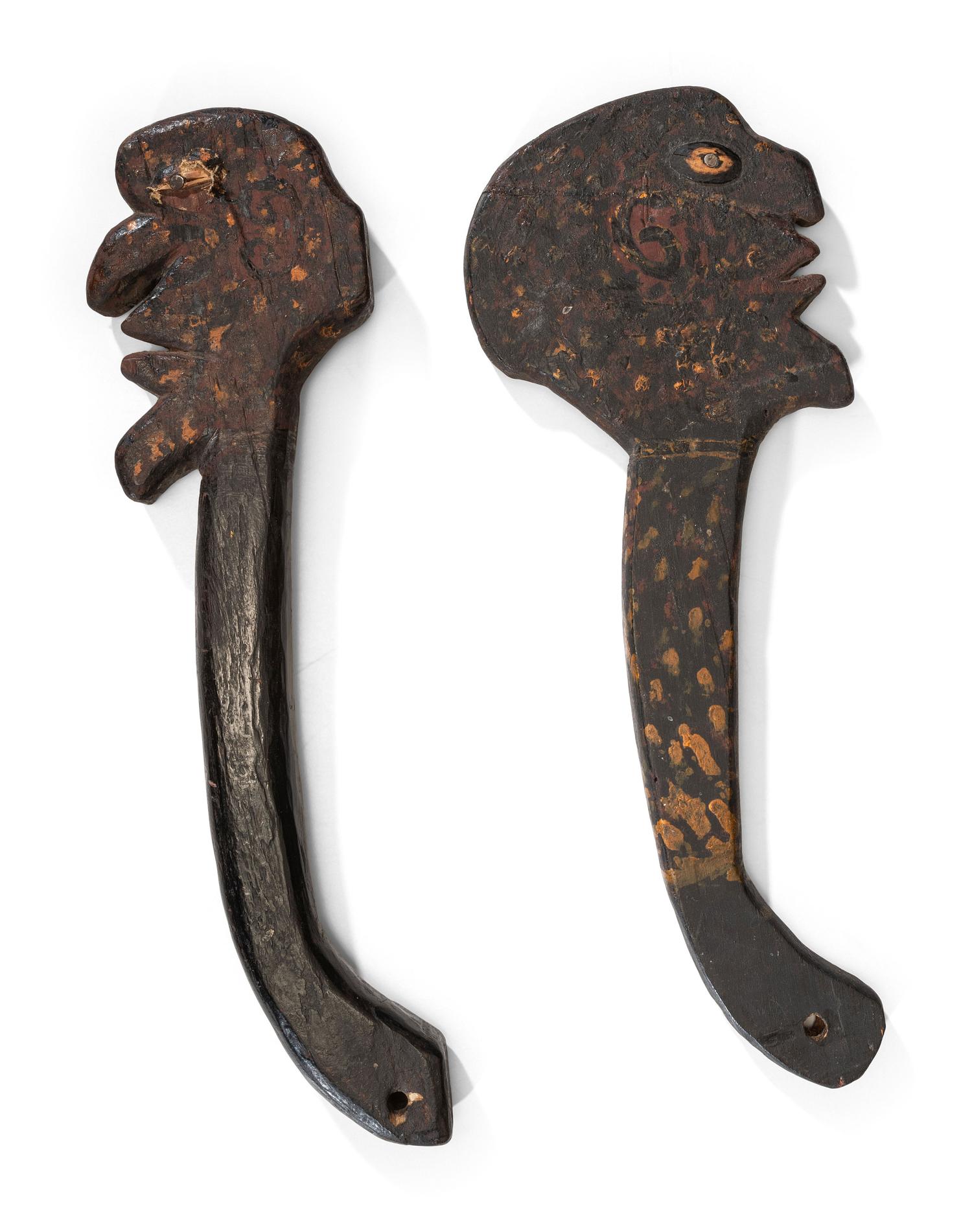 Two Carved and Painted Wood Figural Clubs