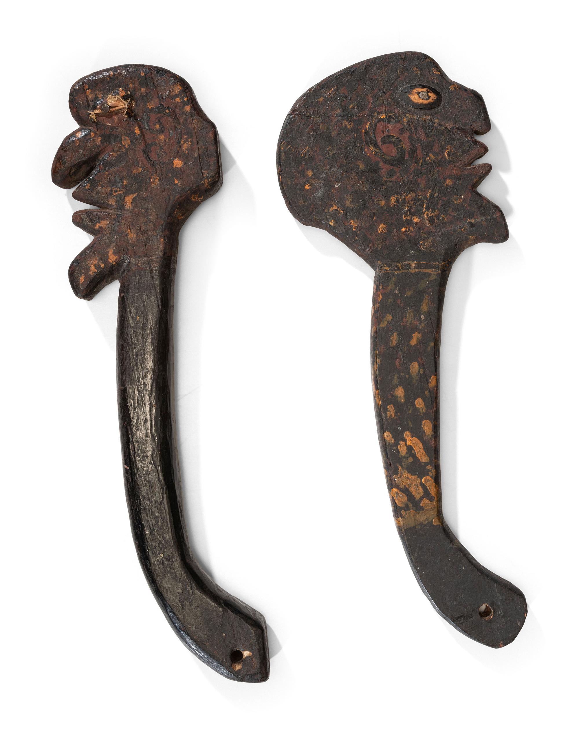 Two Carved and Painted Wood Figural Clubs