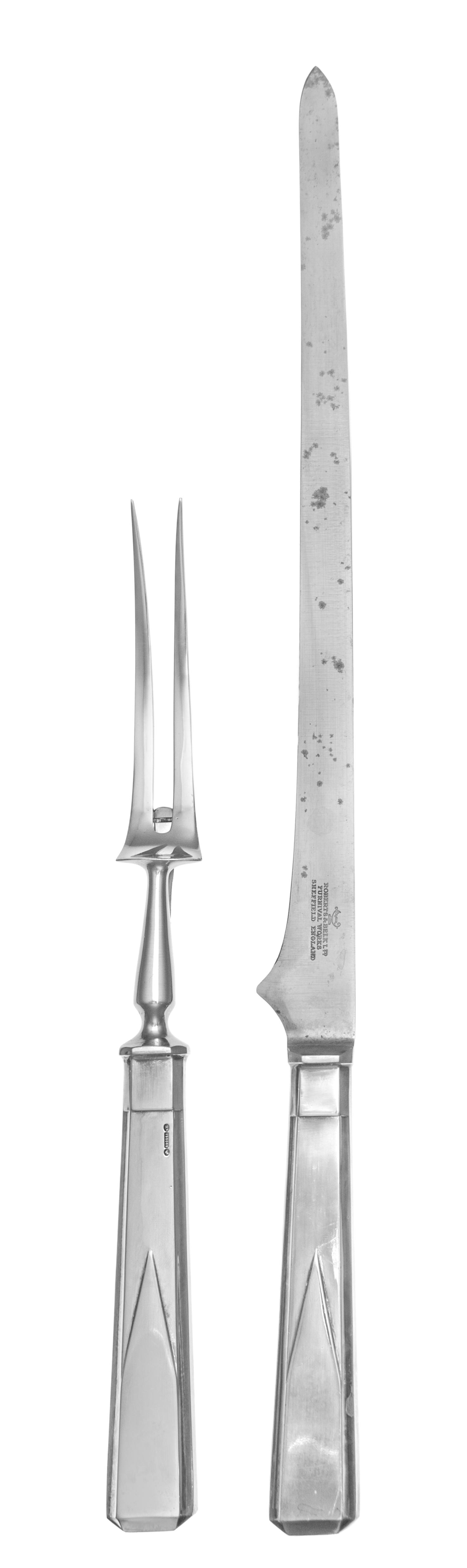 An English Cased Silver-Plate Carving Set, Roberts & Belk Ltd., Sheffield, 20th Century, comprising a carving fork and knife, together
