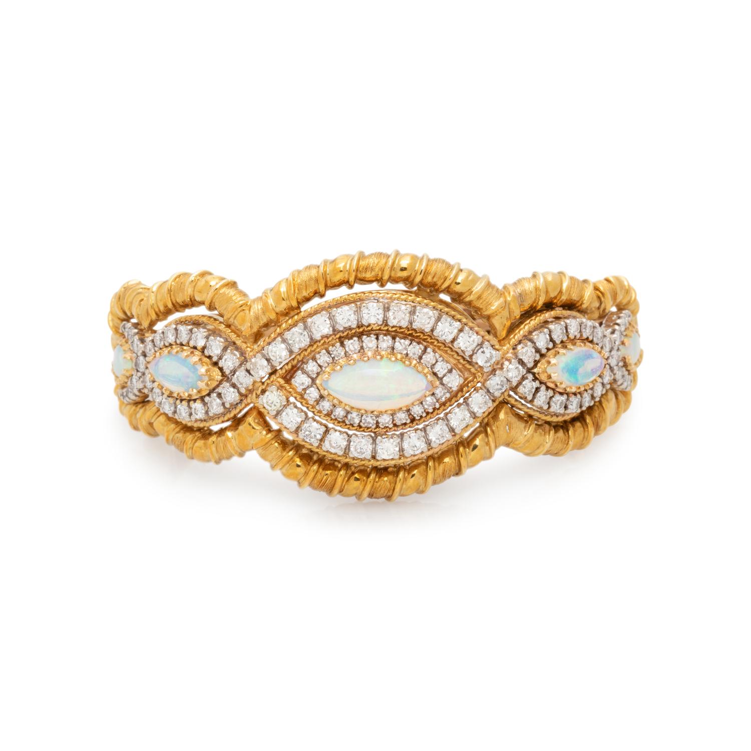 YELLOW GOLD, OPAL AND DIAMOND BANGLE BRACELET