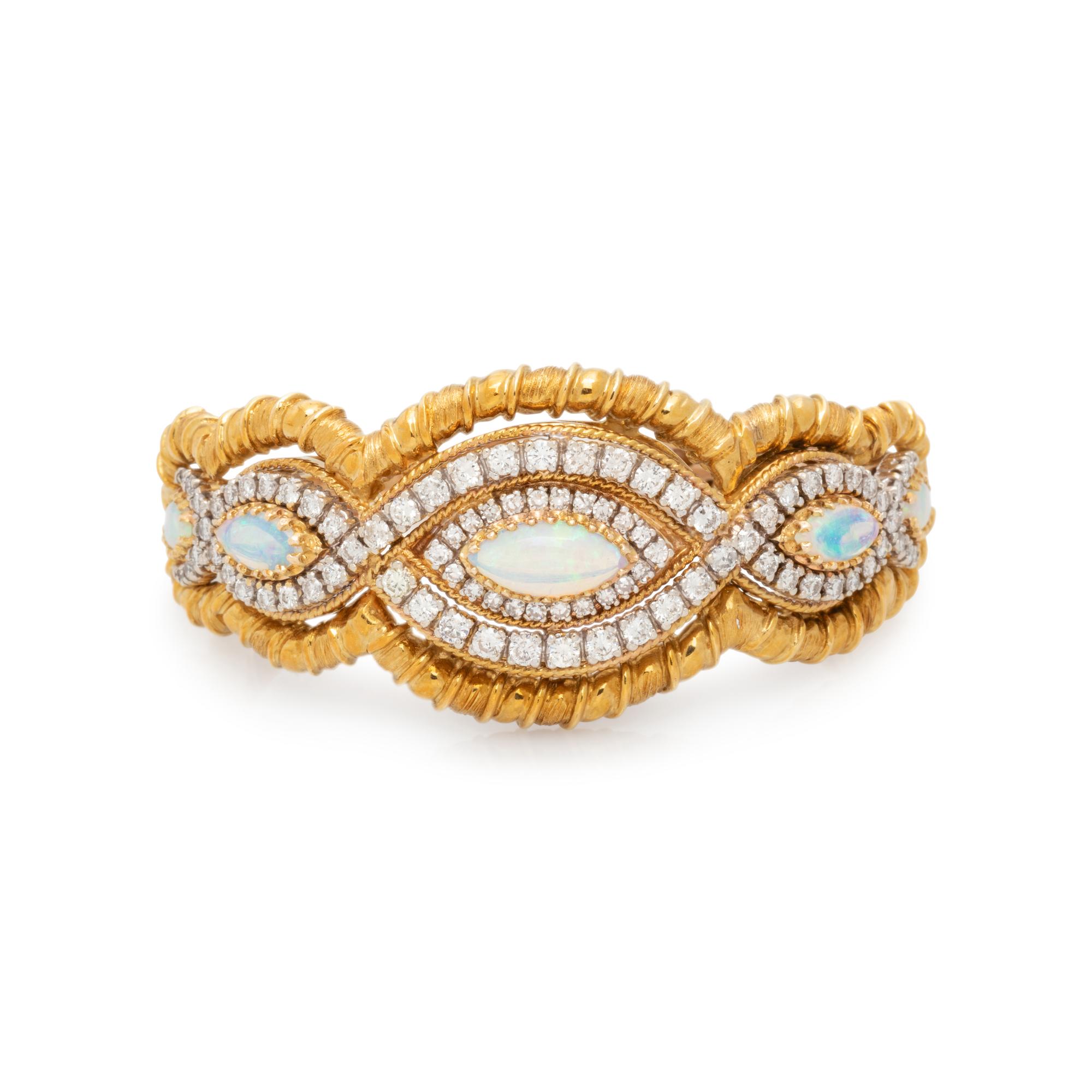 YELLOW GOLD, OPAL AND DIAMOND BANGLE BRACELET