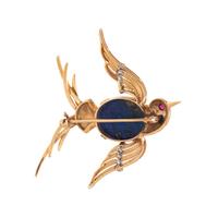 YELLOW GOLD, LAPIS LAZULI, DIAMOND AND RUBY BIRD BROOCH