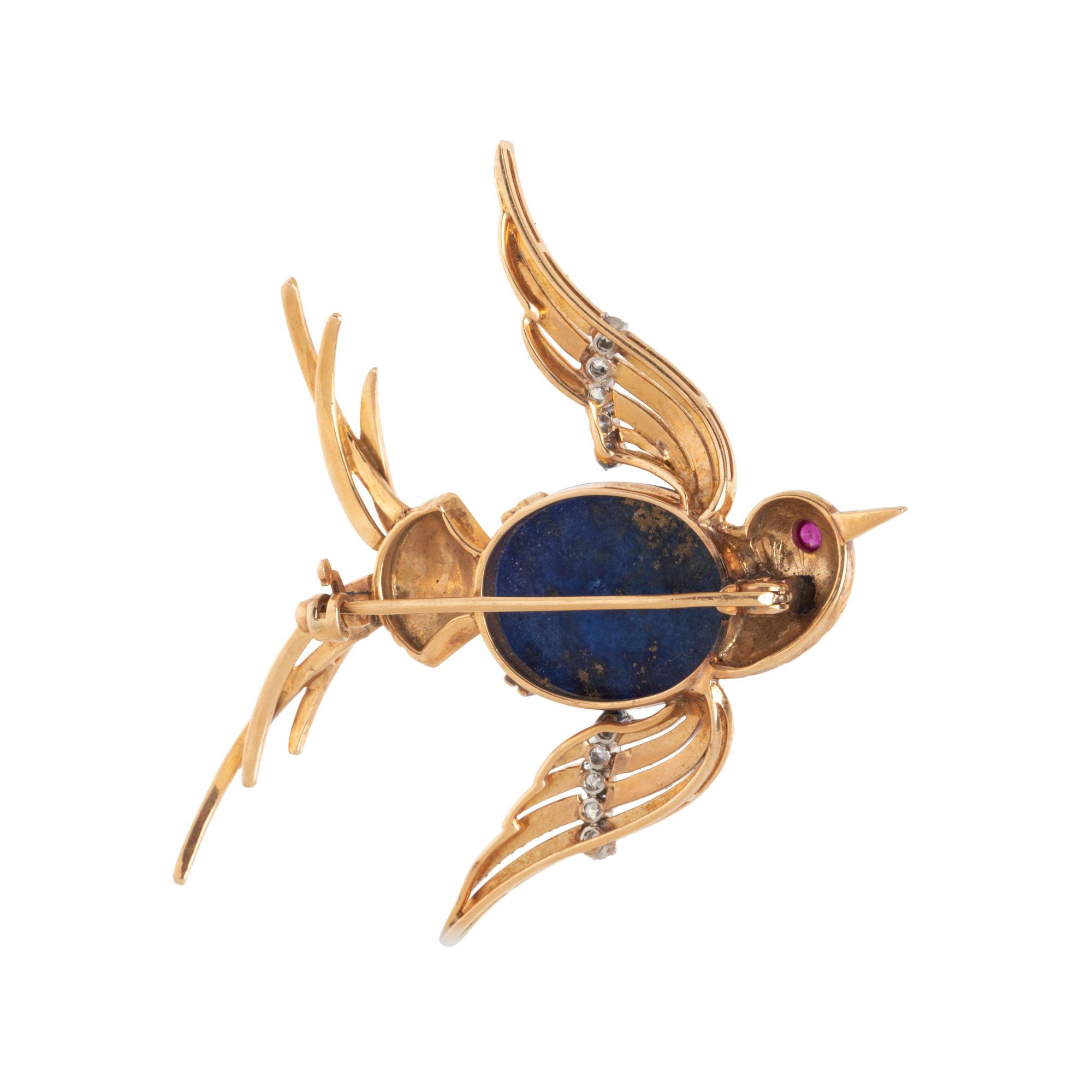 YELLOW GOLD, LAPIS LAZULI, DIAMOND AND RUBY BIRD BROOCH