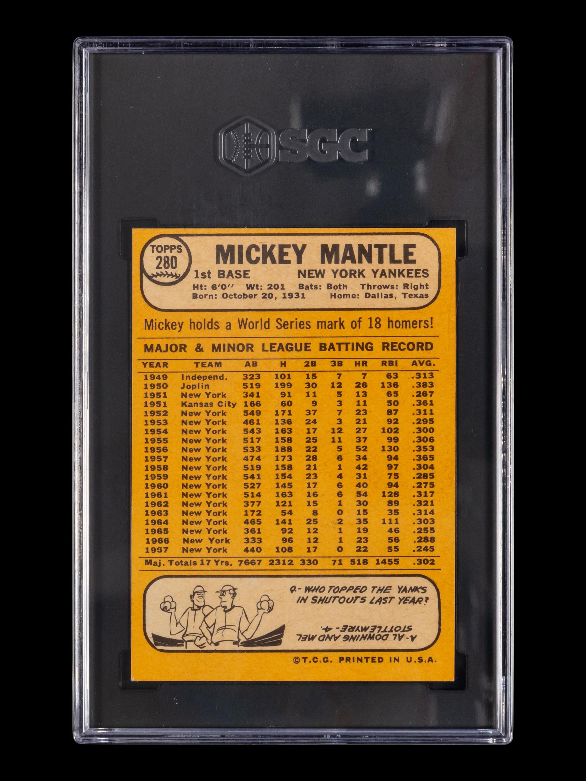 A 1968 Topps Mickey Mantle Baseball Card No. 280 (SGC 7 NM)