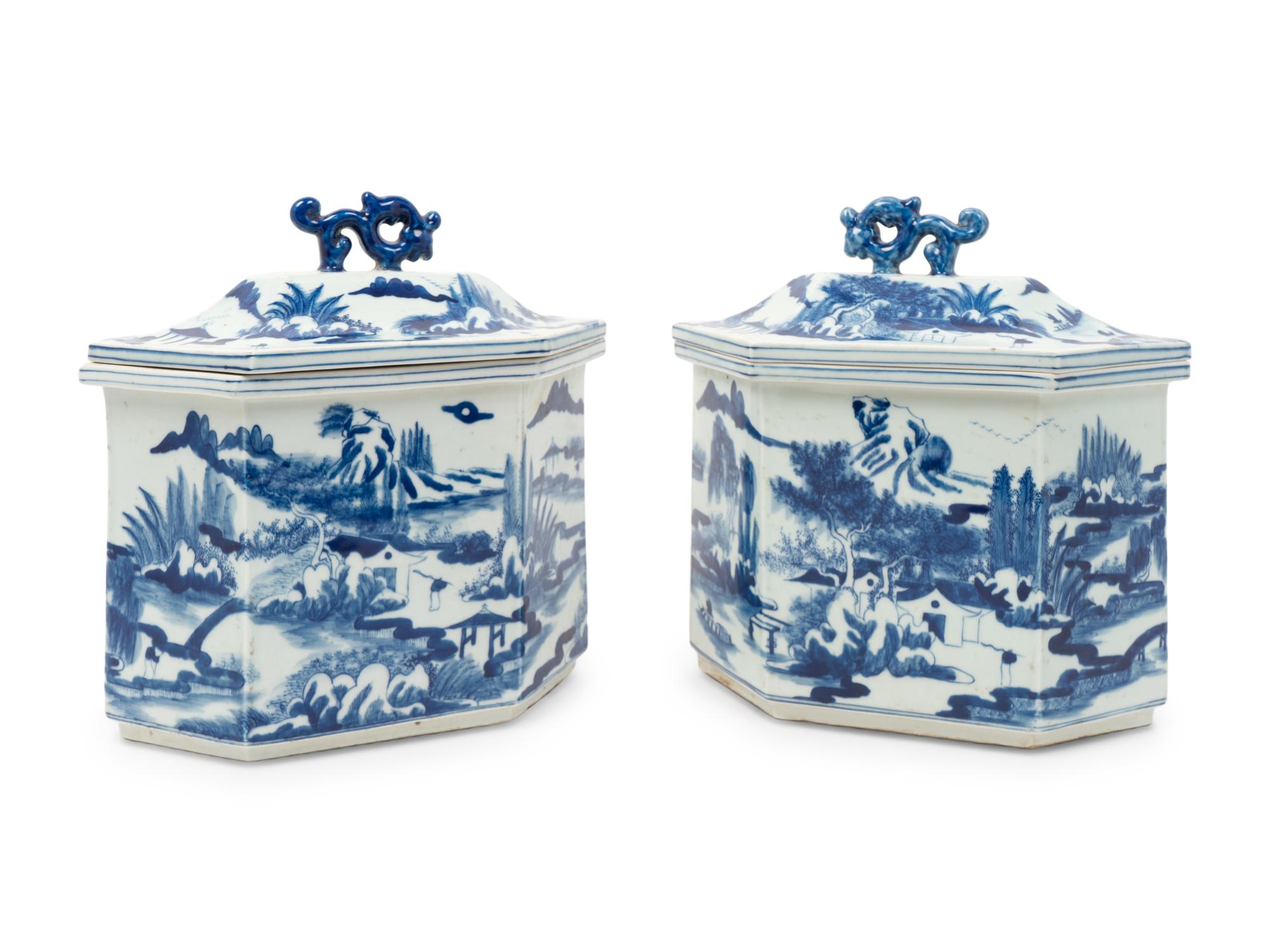 A Pair of Chinese Blue and White Porcelain Hexagonal Covered Jars — 20TH CENTURY