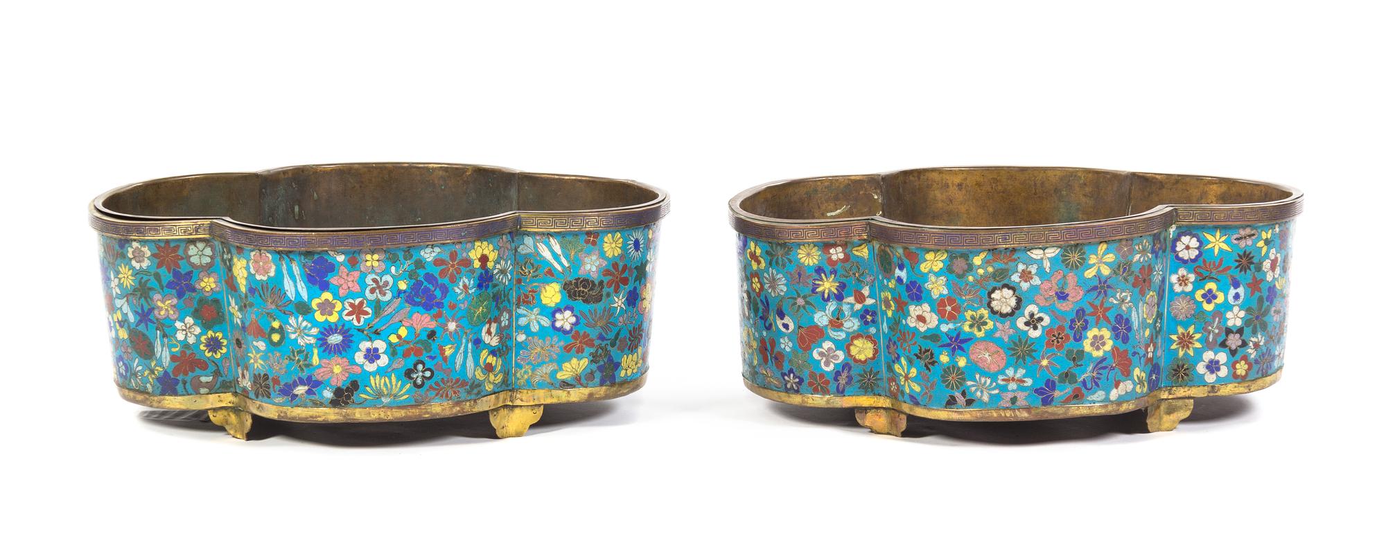 A Pair of Large Chinese Cloisonne Enamel Jardinieres QIANLONG/JIAQING PERIOD Length 22 1/2 inches. — QIANLONG/JIAQING PERIOD