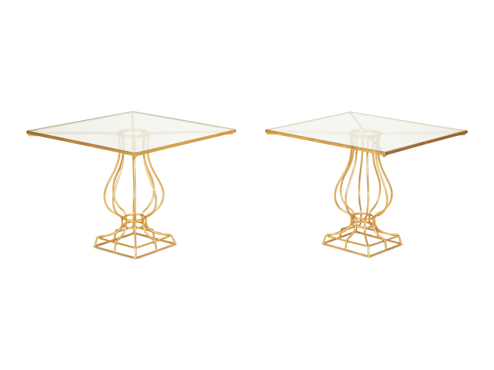 A Pair of Gilt Metal Urn Design Glass Top Low Tables