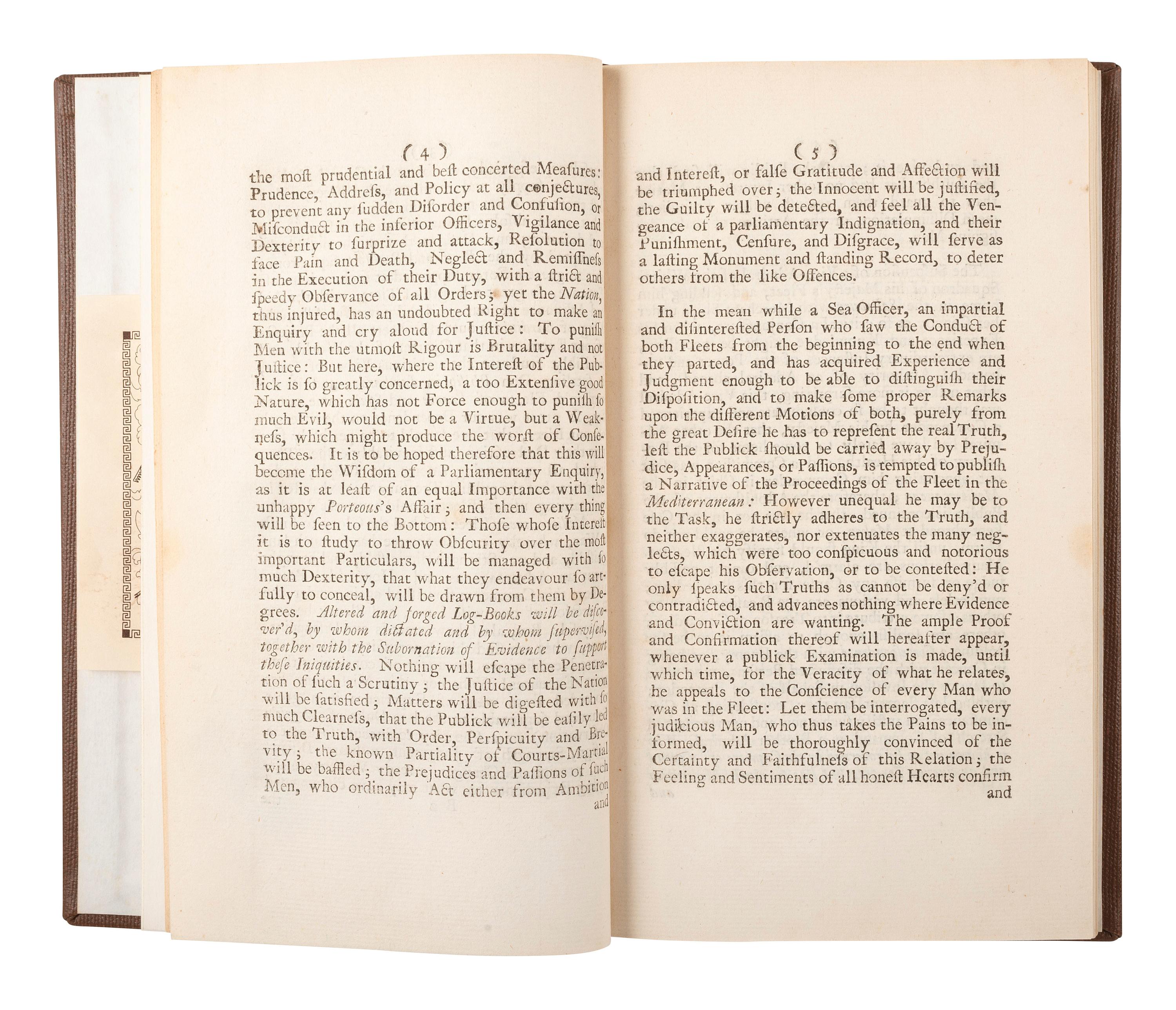 [NAVAL BATTLE] -- [MATHEWS, Thomas]. A narrative of the proceedings of His Majesty's fleet in the Mediterranean... from the year 1741, to March 1744 . London: J. Millan, 1744.