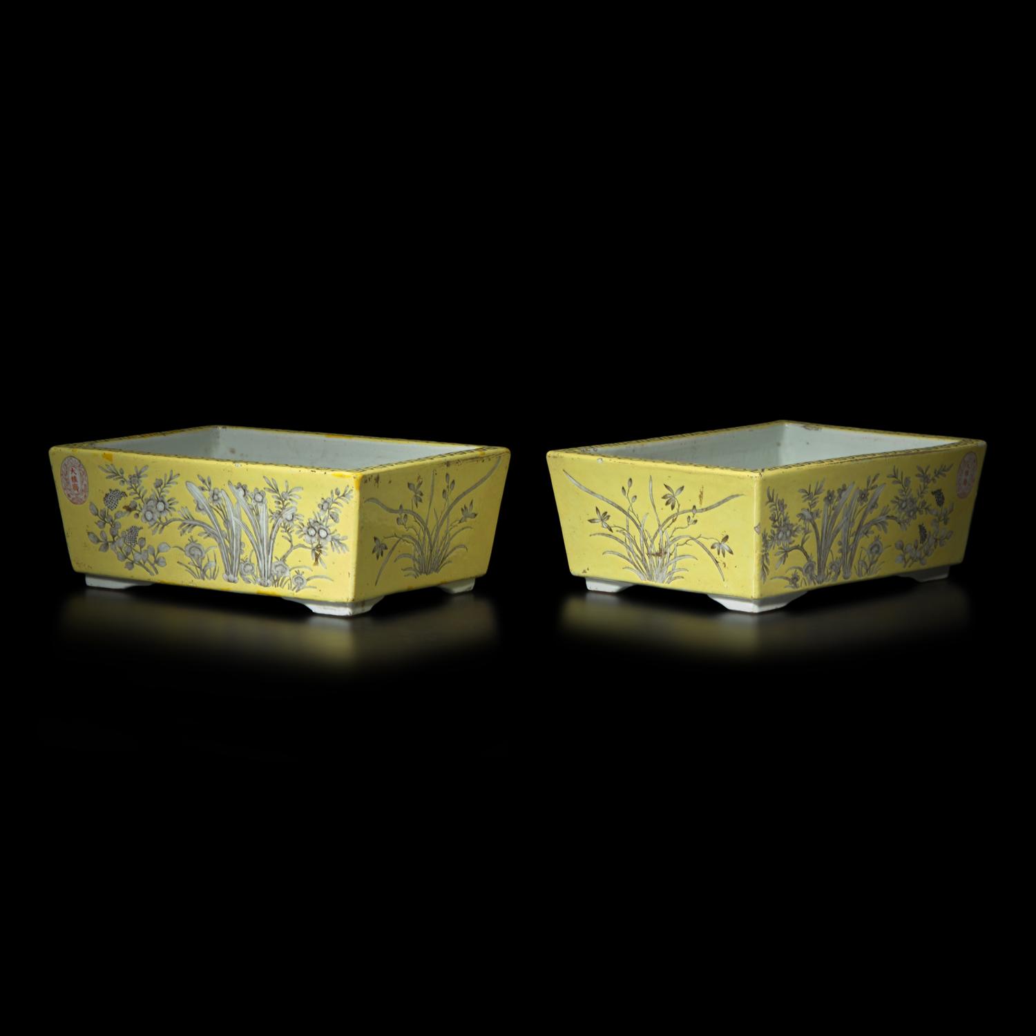 A Pair of Chinese Dayazhai-Type Grisaille Decorated Yellow Ground Porcelain Rectangular Jardinières, Republic Period 民國 黃地墨彩花卉紋長方水仙盆一對
