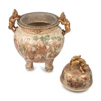 A Monumental Satsuma Porcelain Tripod Vessel and Cover