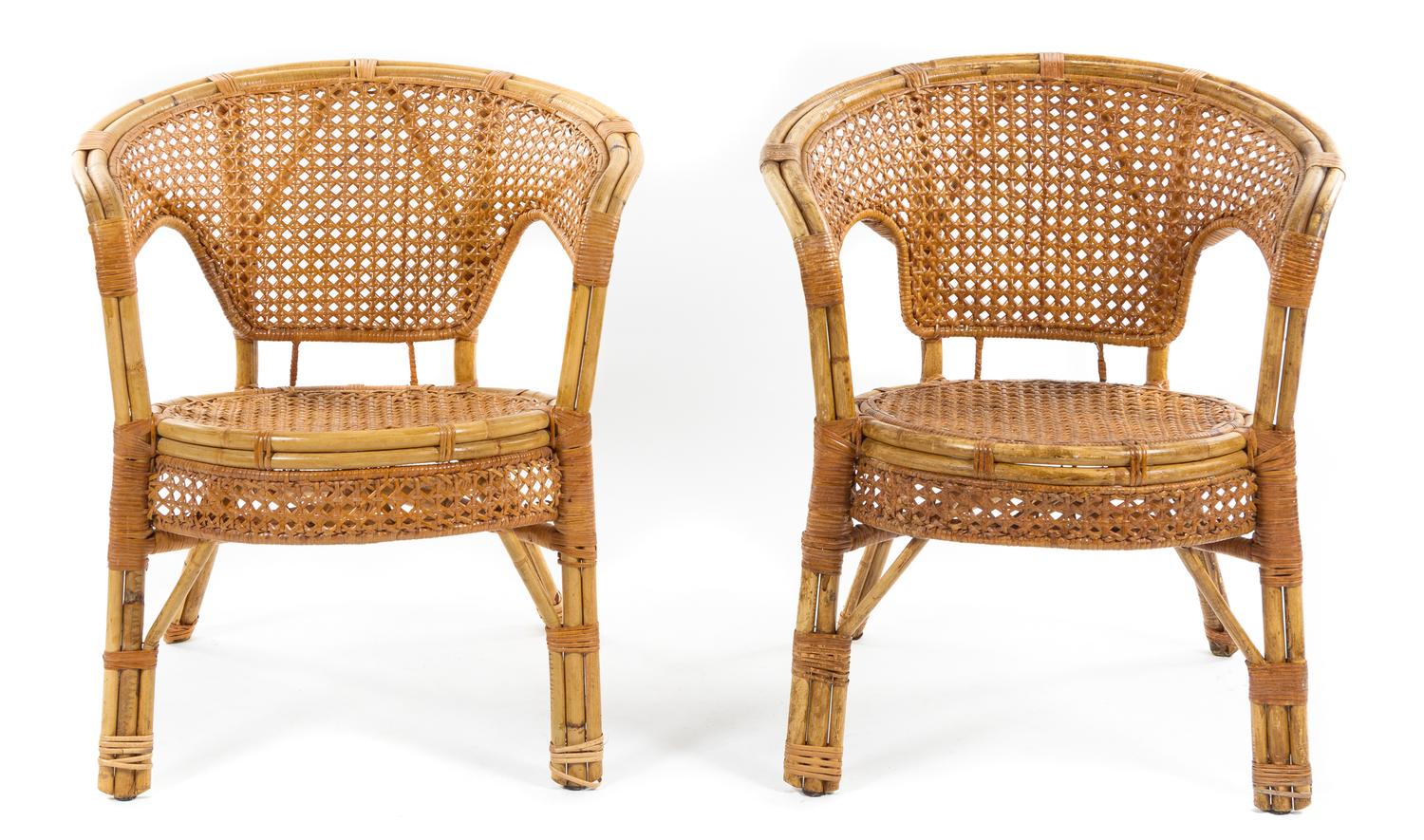 A Pair of Bamboo and Rattan Gondola Chairs Height 27 1/2 x width 24 1/4 x depth 22 1/2 inches. — STYLE OF FRANCO ALBINI