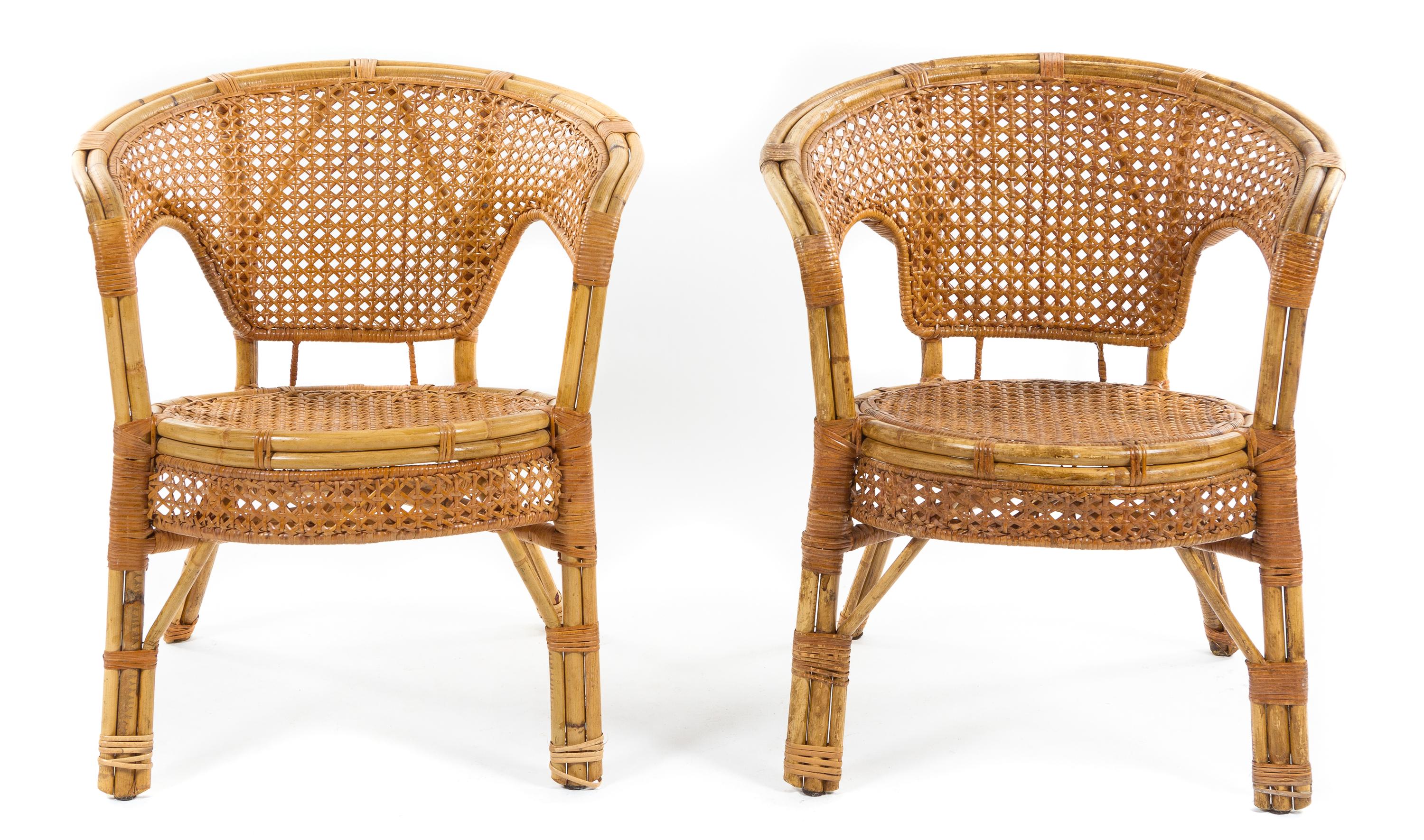 A Pair of Bamboo and Rattan Gondola Chairs Height 27 1/2 x width 24 1/4 x depth 22 1/2 inches. — STYLE OF FRANCO ALBINI