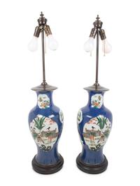 A Pair of Chinese Export Porcelain Vases Mounted as Lamps