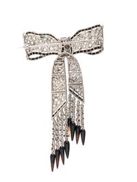 GATTLE, ART DECO, DIAMOND, BLACK ONYX, AND AGATE BOW BROOCH