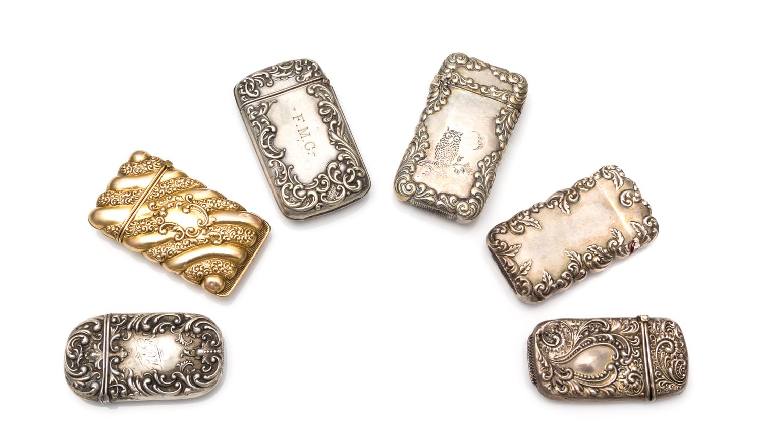 A Collection of Five American Silver Vesta Cases, Various Makers, comprising a William & Hoag Co., Newark, NJ example with a C-scroll a