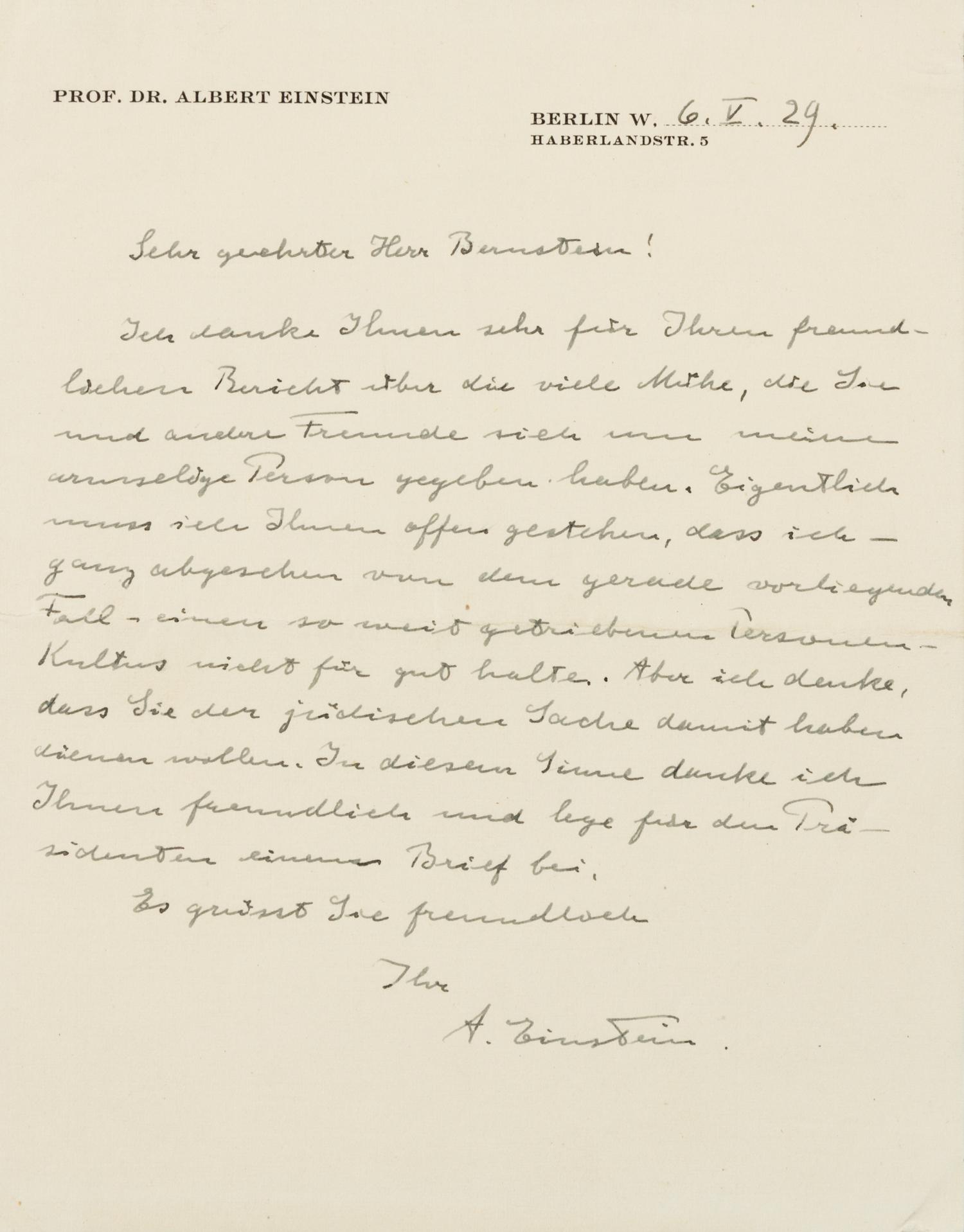 EINSTEIN, Albert (1879-1955). Autograph letter signed ("A. Einstein"), in German, to Herr [Herman] Bernstein. Berlin, 6 May 1929.