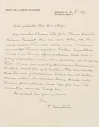EINSTEIN, Albert (1879-1955). Autograph letter signed ("A. Einstein"), in German, to Herr [Herman] Bernstein. Berlin, 6 May 1929.