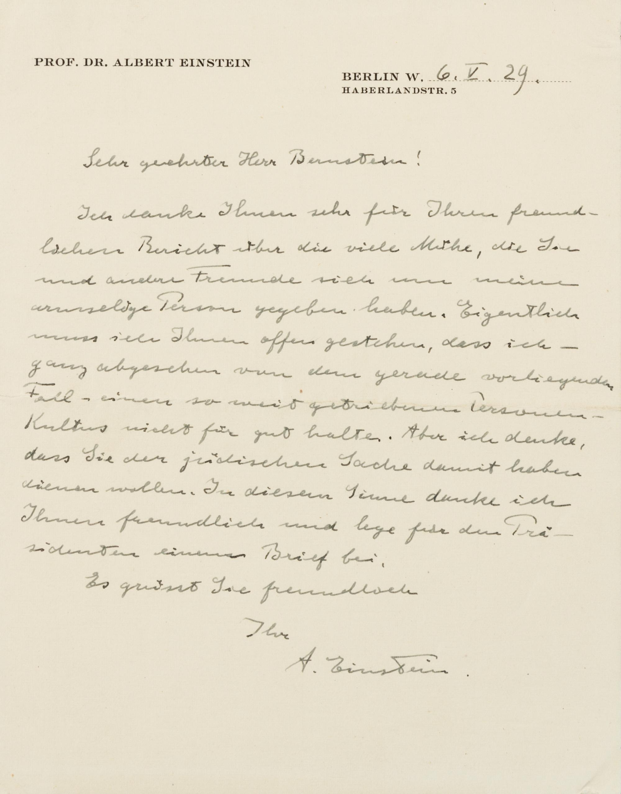 EINSTEIN, Albert (1879-1955). Autograph letter signed ("A. Einstein"), in German, to Herr [Herman] Bernstein. Berlin, 6 May 1929.
