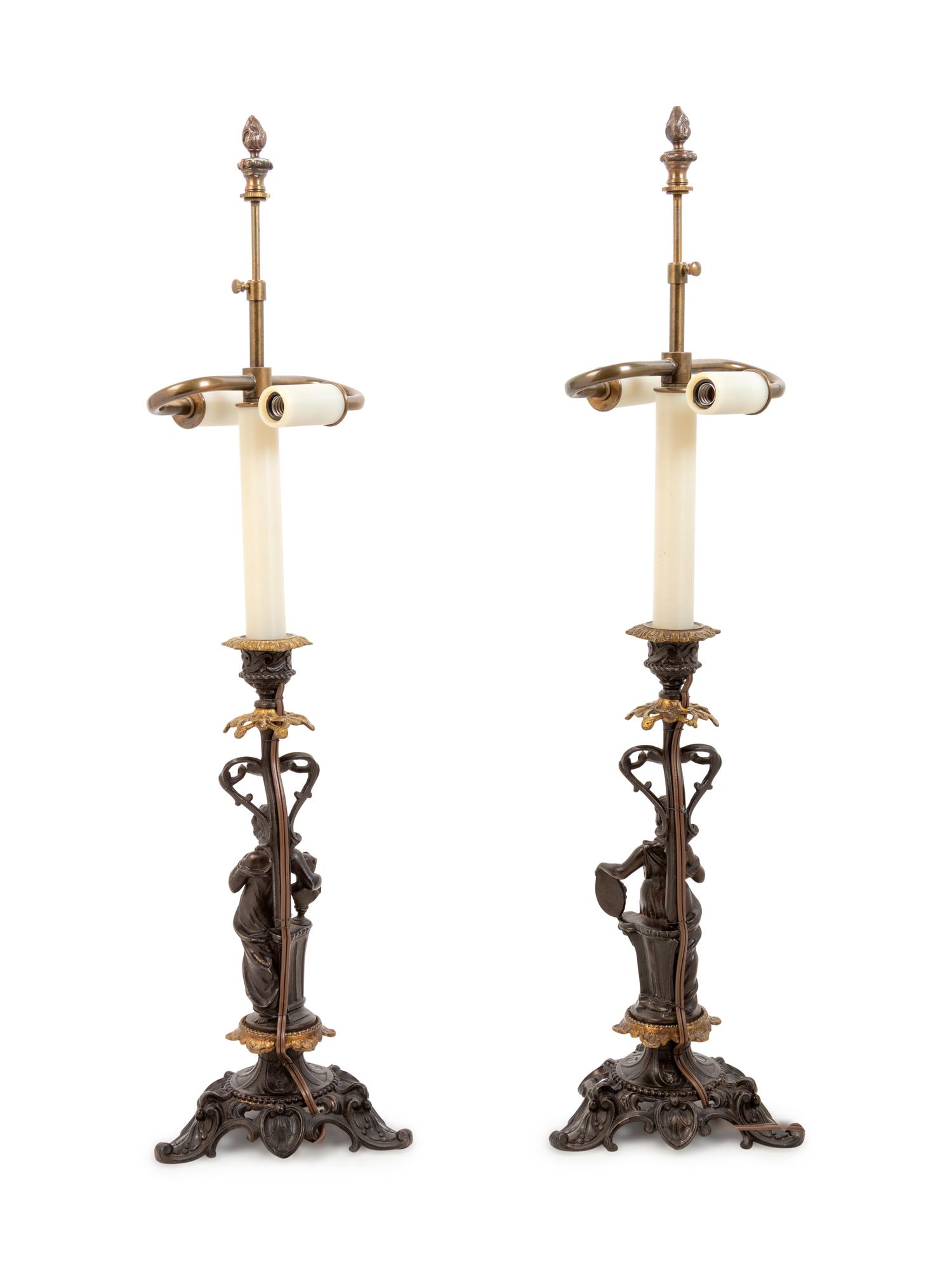 A Pair of French Gilt and Patinated Bronze Figures Mounted as Lamps