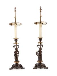 A Pair of French Gilt and Patinated Bronze Figures Mounted as Lamps