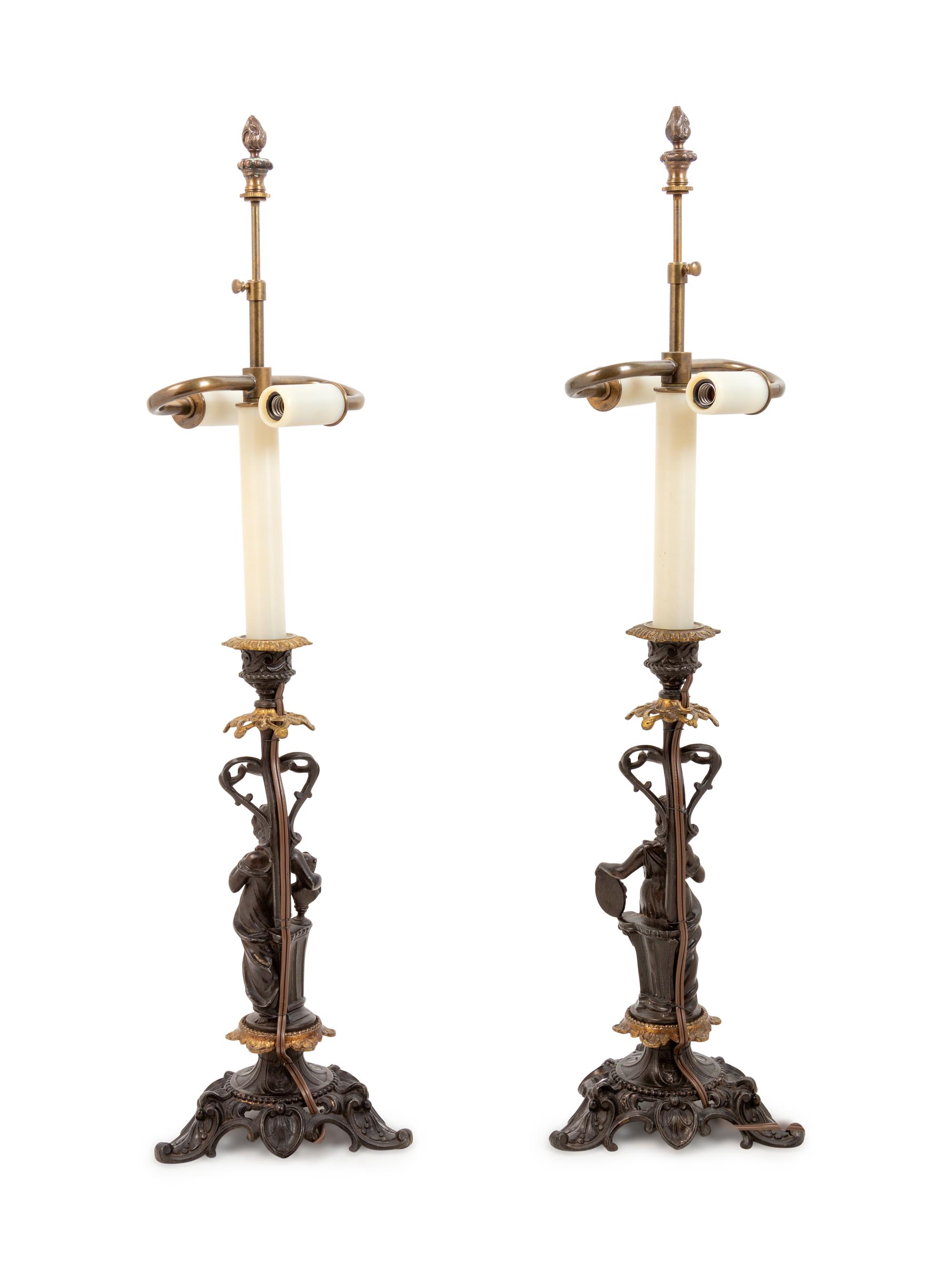 A Pair of French Gilt and Patinated Bronze Figures Mounted as Lamps