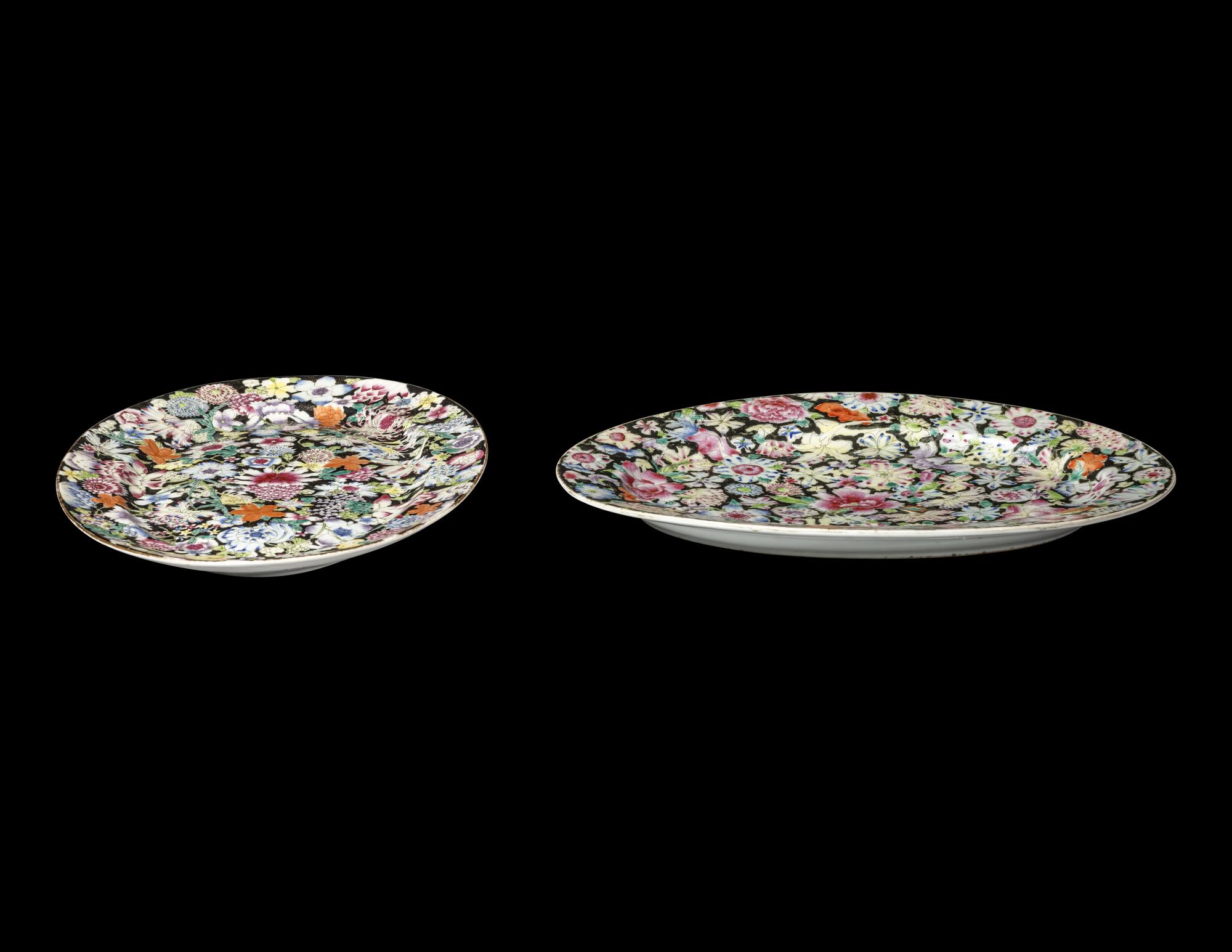 A Pair of Chinese Famille Rose 'Millefleur' Porcelain Oval Platters