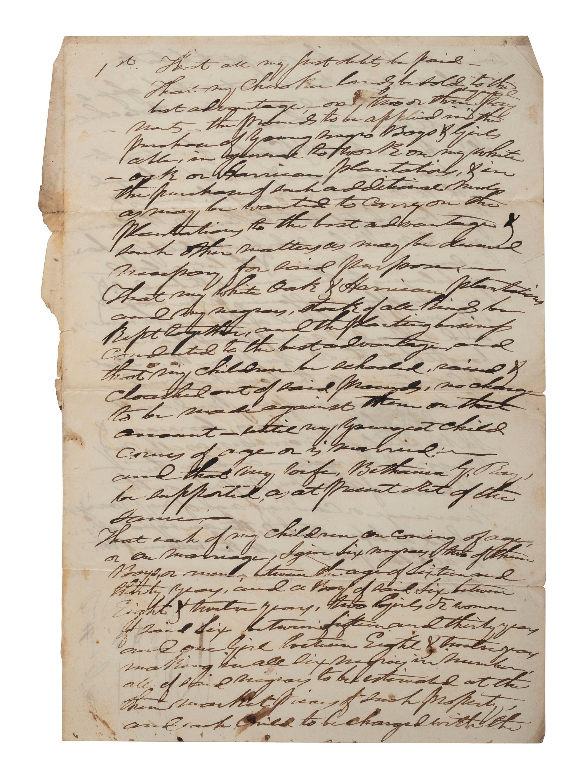 [SLAVERY & ABOLITION]. Manuscript outline for a will with the discussion of enslaved African Americans. Newman, GA, 1851.