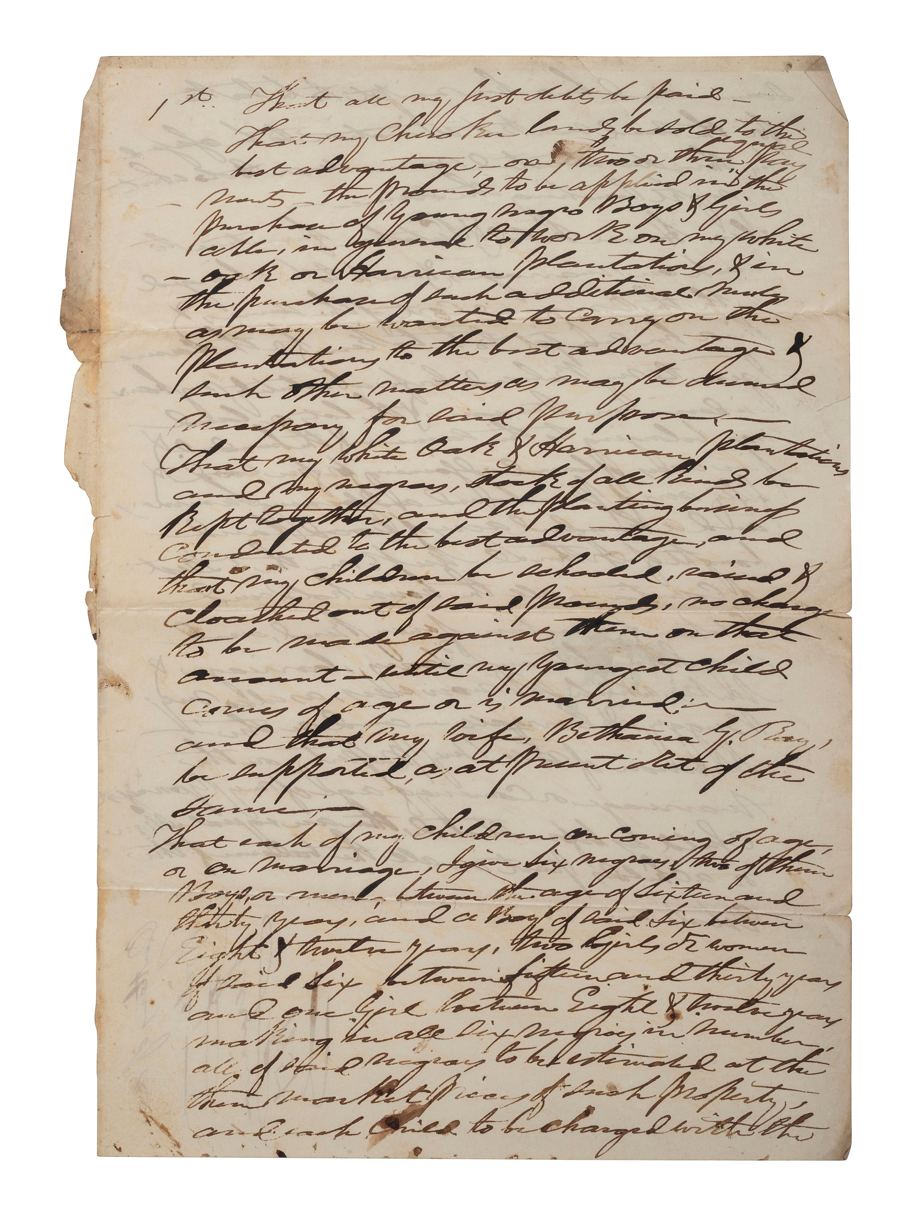 [SLAVERY & ABOLITION]. Manuscript outline for a will with the discussion of enslaved African Americans. Newman, GA, 1851.