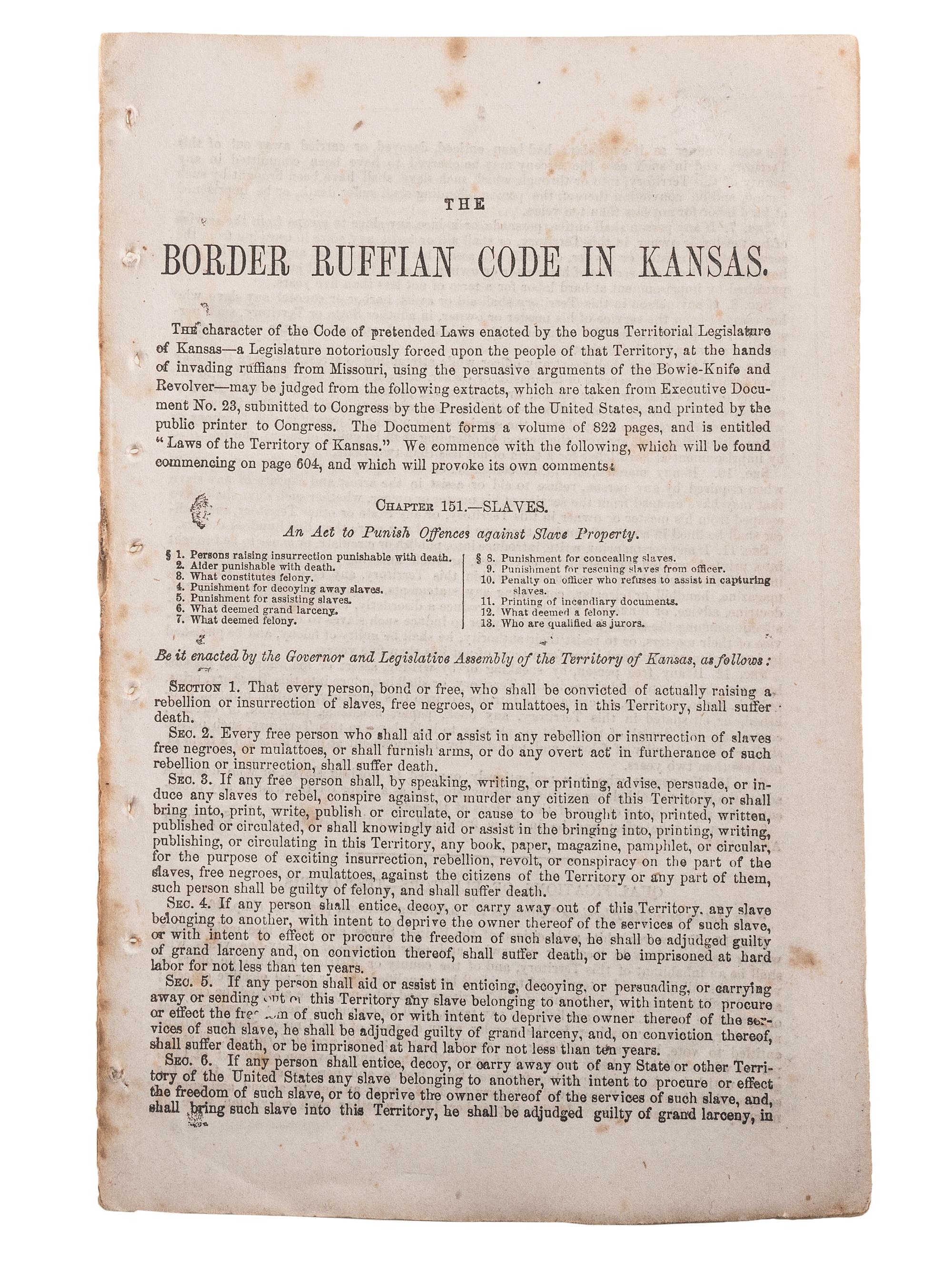 [SLAVERY & ABOLITION]. A broadside and group of pamphlets related to slavery and abolition in Kansas prior to the Civil War, comprising:
