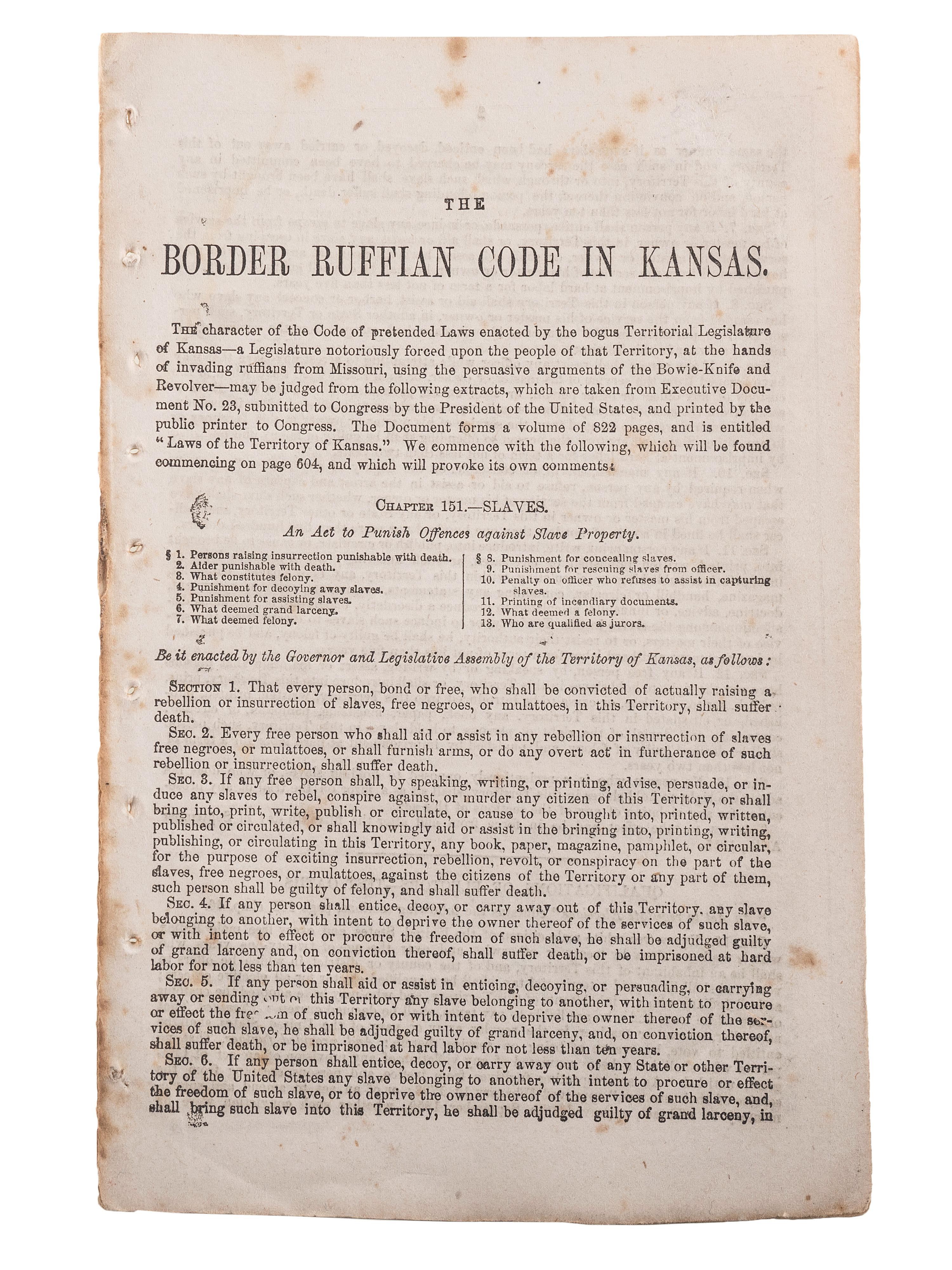 [SLAVERY & ABOLITION]. A broadside and group of pamphlets related to slavery and abolition in Kansas prior to the Civil War, comprising: