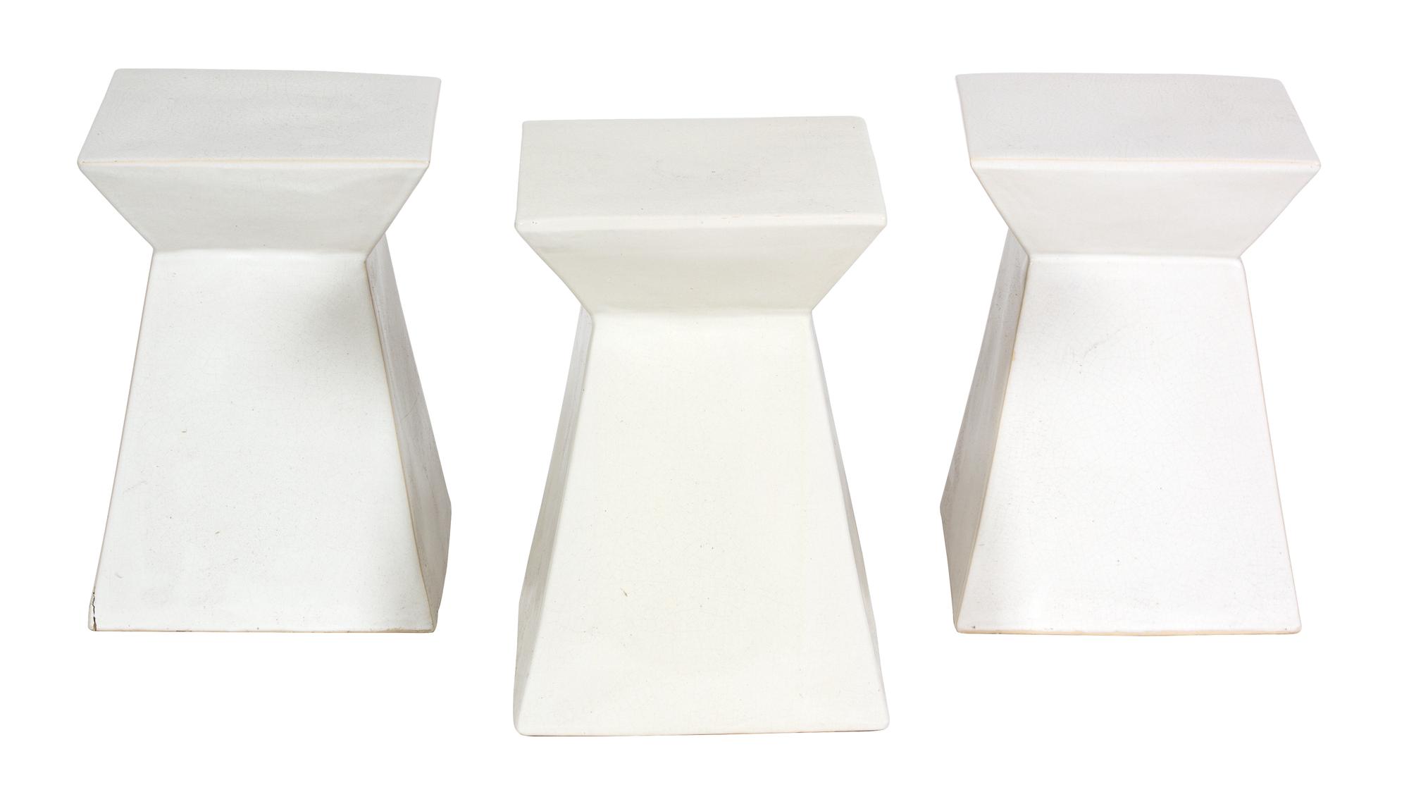 Three Contemporary White Glazed Ceramic Garden Seats Height 18 3/4 inches. — 20TH CENTURY