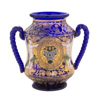 A Continental Enameled Cobalt Glass Two-Handled Cup Height 5 1/4 inches.