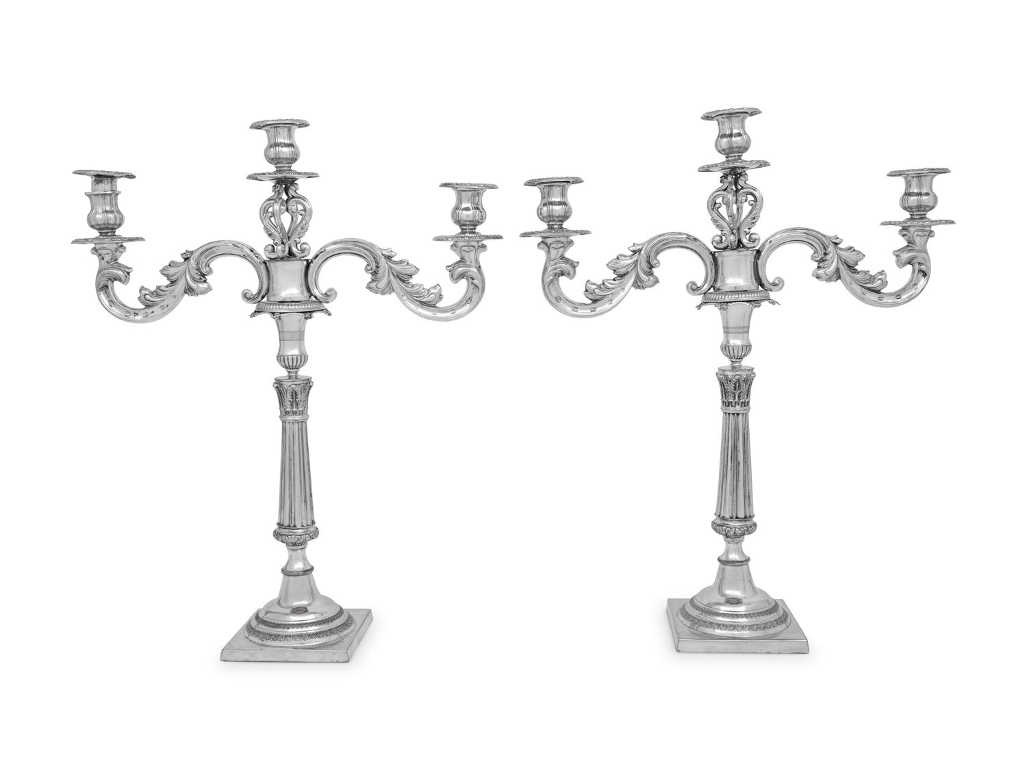 A Pair of Continental Silver Three-Light Candelabra