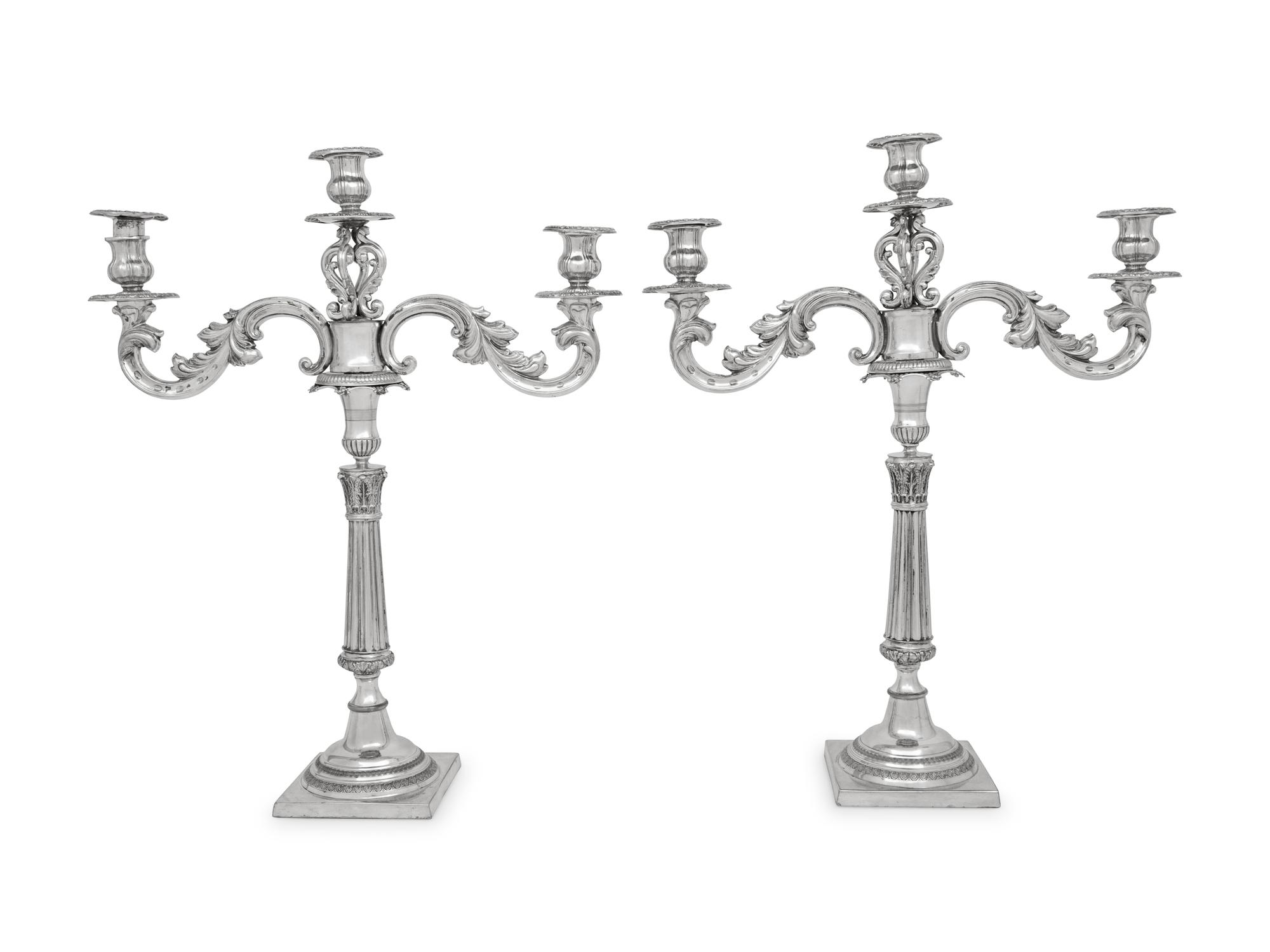A Pair of Continental Silver Three-Light Candelabra