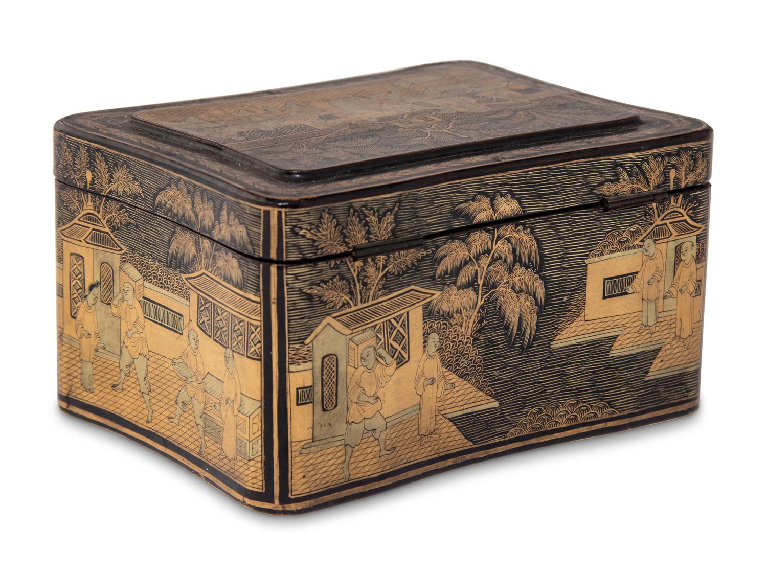 Seven Chinese Export Gilt and Black Lacquered Boxes and Dishes
