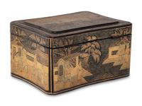 Seven Chinese Export Gilt and Black Lacquered Boxes and Dishes