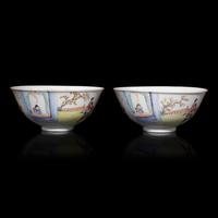 A Pair of Chinese Famille Rose 'Romance of the Western Chamber' Porcelain Bowls, 19th Century — 清晚期 粉彩西廂圖碗一對
