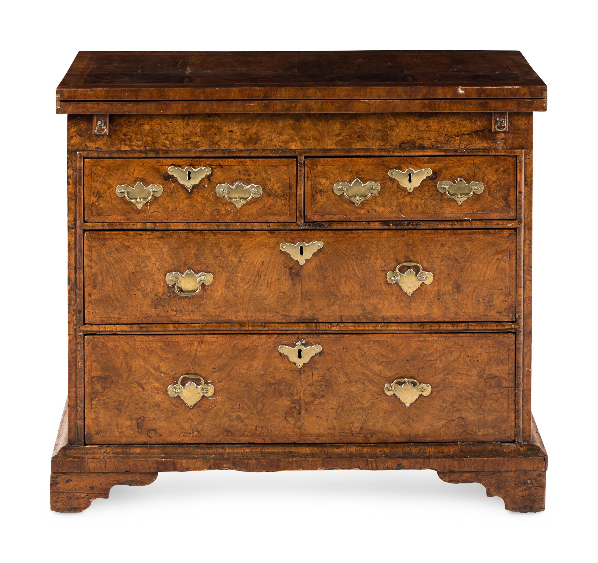 A Queen Anne Feather-Banded Burl Walnut Flip-Top Bachelor's Chest
