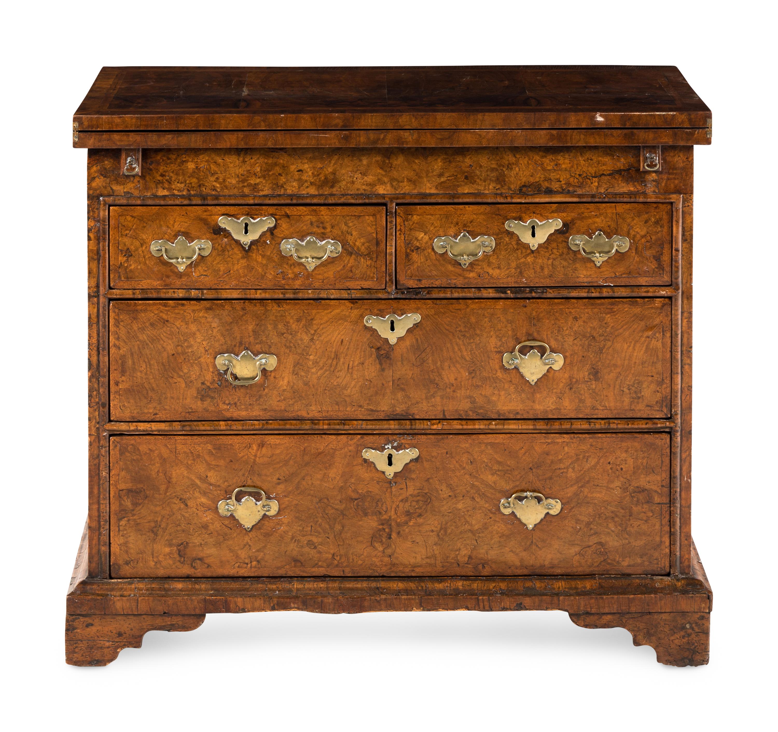 A Queen Anne Feather-Banded Burl Walnut Flip-Top Bachelor's Chest