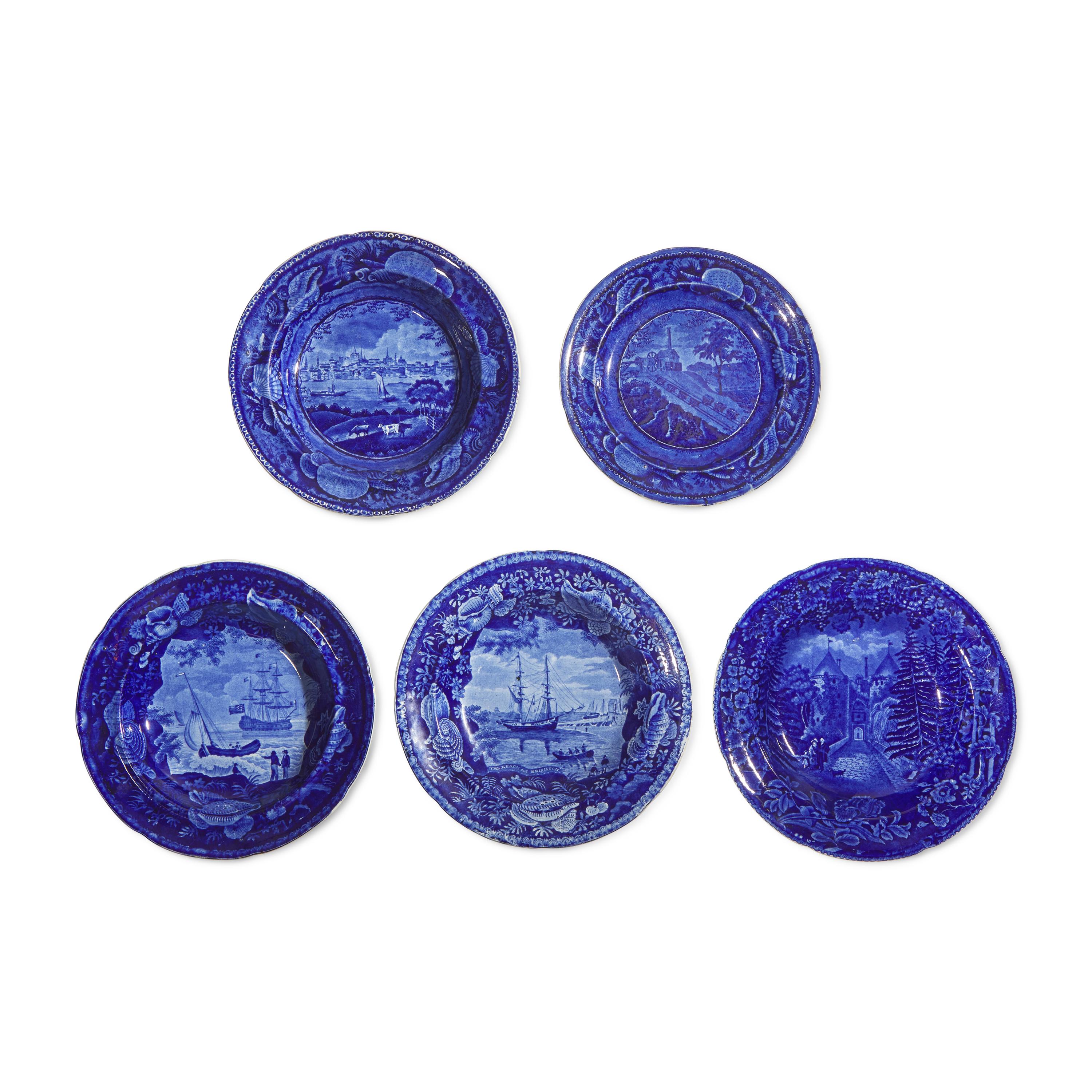 A Group of Five Staffordshire Historical Blue Table Articles