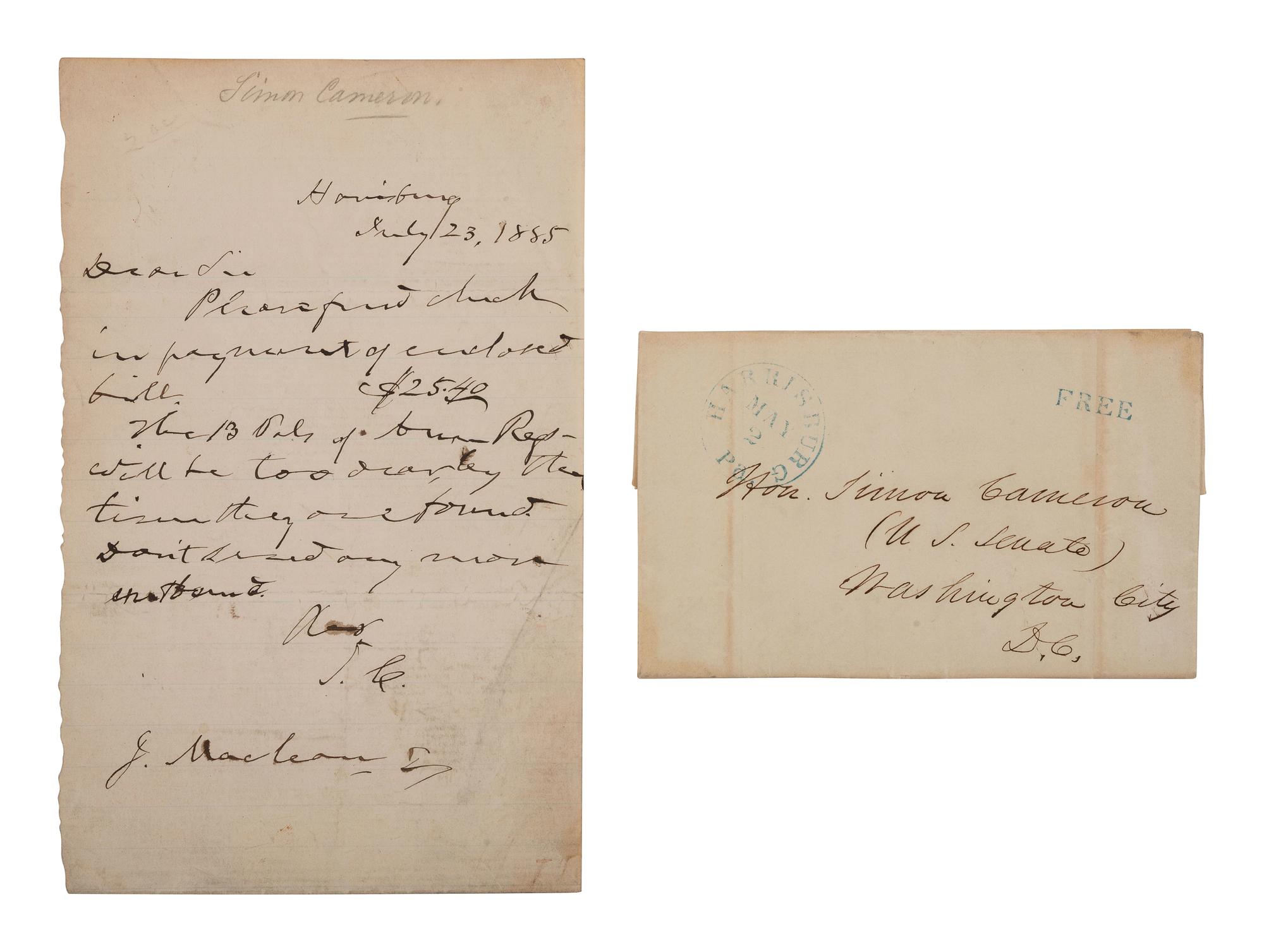 [POLITICS]. 3 letters signed by John FREMONT, Simon CAMERON, and Edwin STANTON.