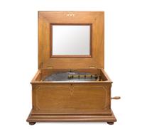 A Regina Disk Music Box, Height 12 1/2 x width 21 1/8 x depth 18 5/8 inches.
