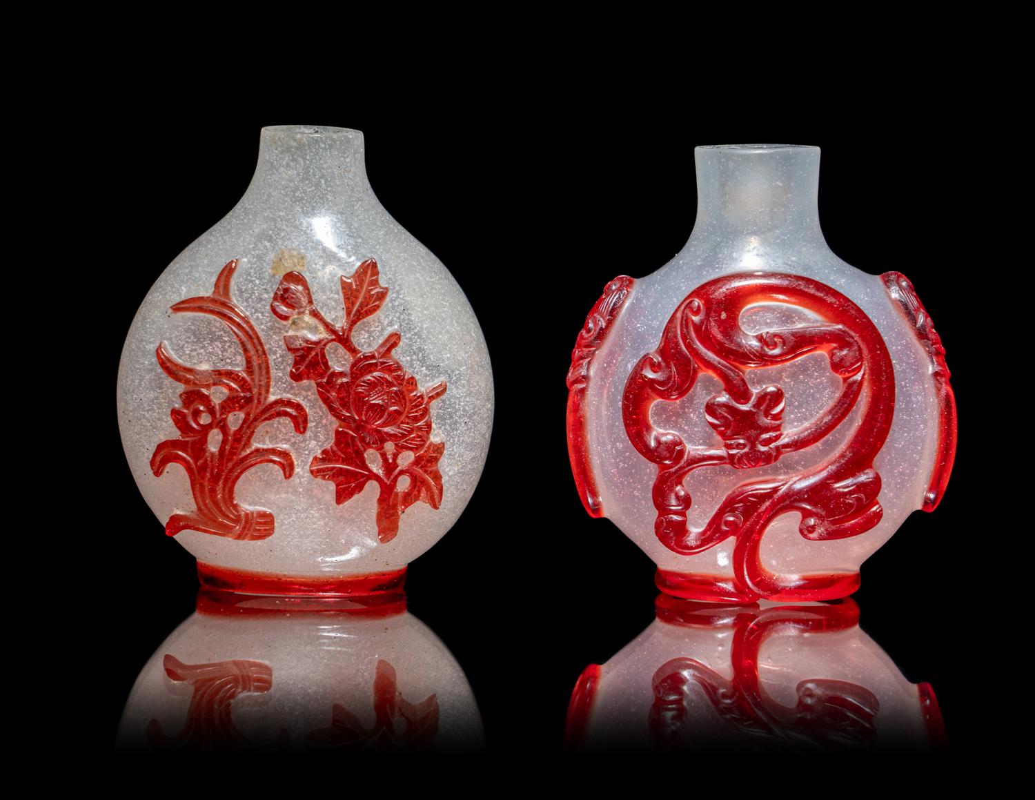 Two Chinese Red Overlay Glass Snuff Bottles