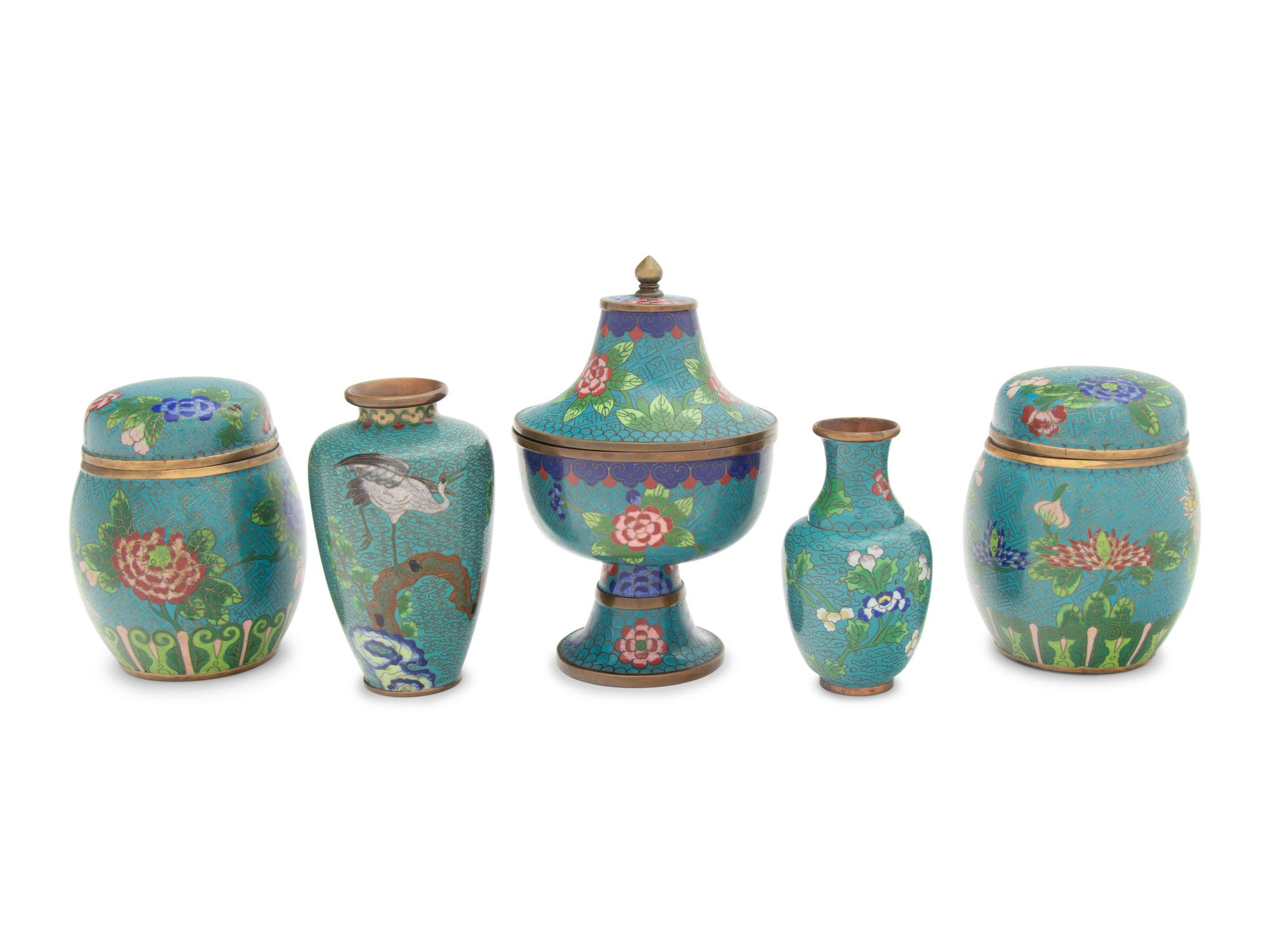 Five Chinese Turquoise Ground Cloisonné Enamel Articles