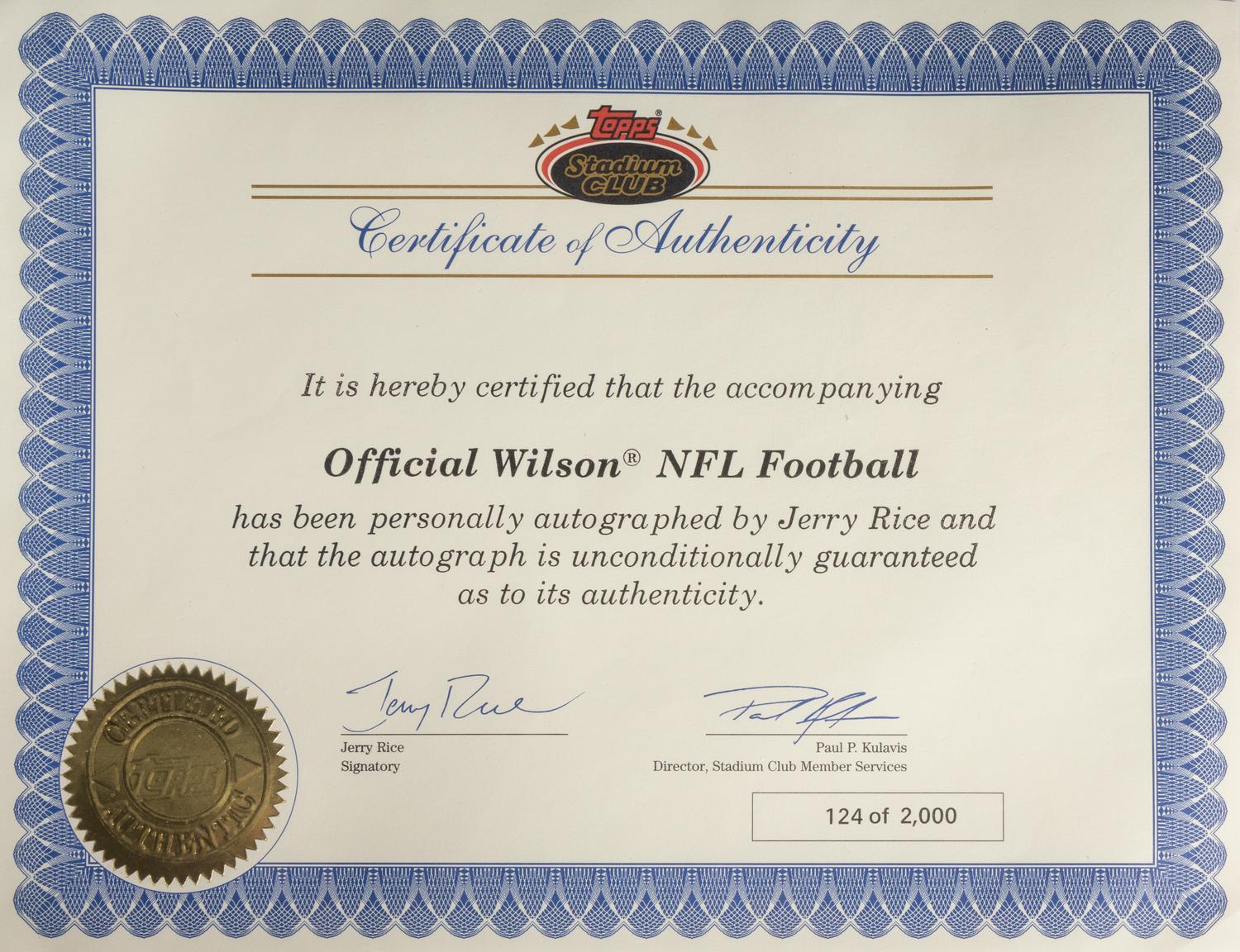 A Jerry Rice Signed Autograph Commemorative Football and 1993 Topps Stadium Club Members Only Complete Set with Autographed Record Breaker Card,