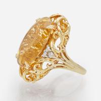 A 14K Yellow Gold, Citrine, and Diamond Ring