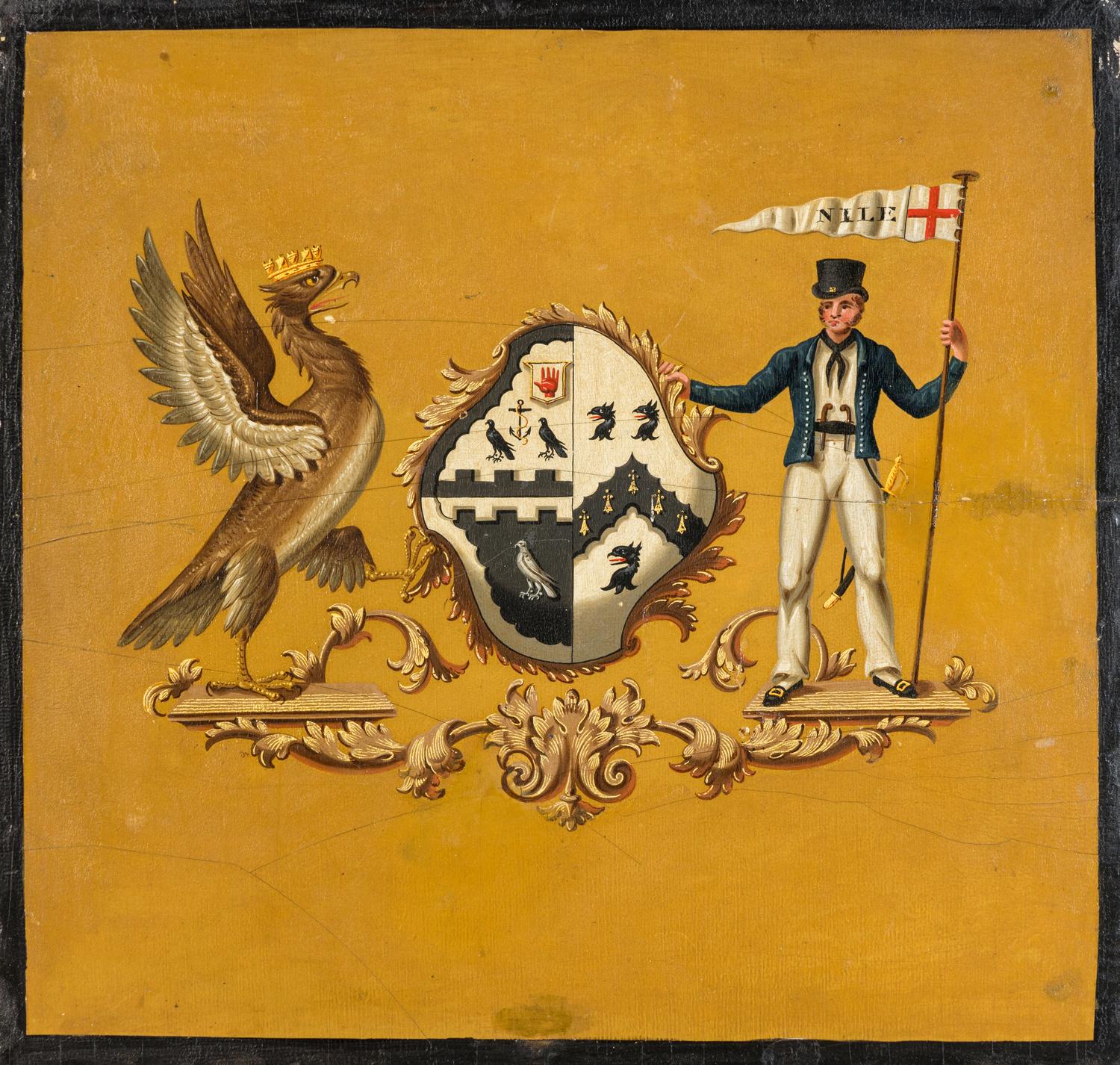 An English Painted Coach Panel with a Coat of Arms